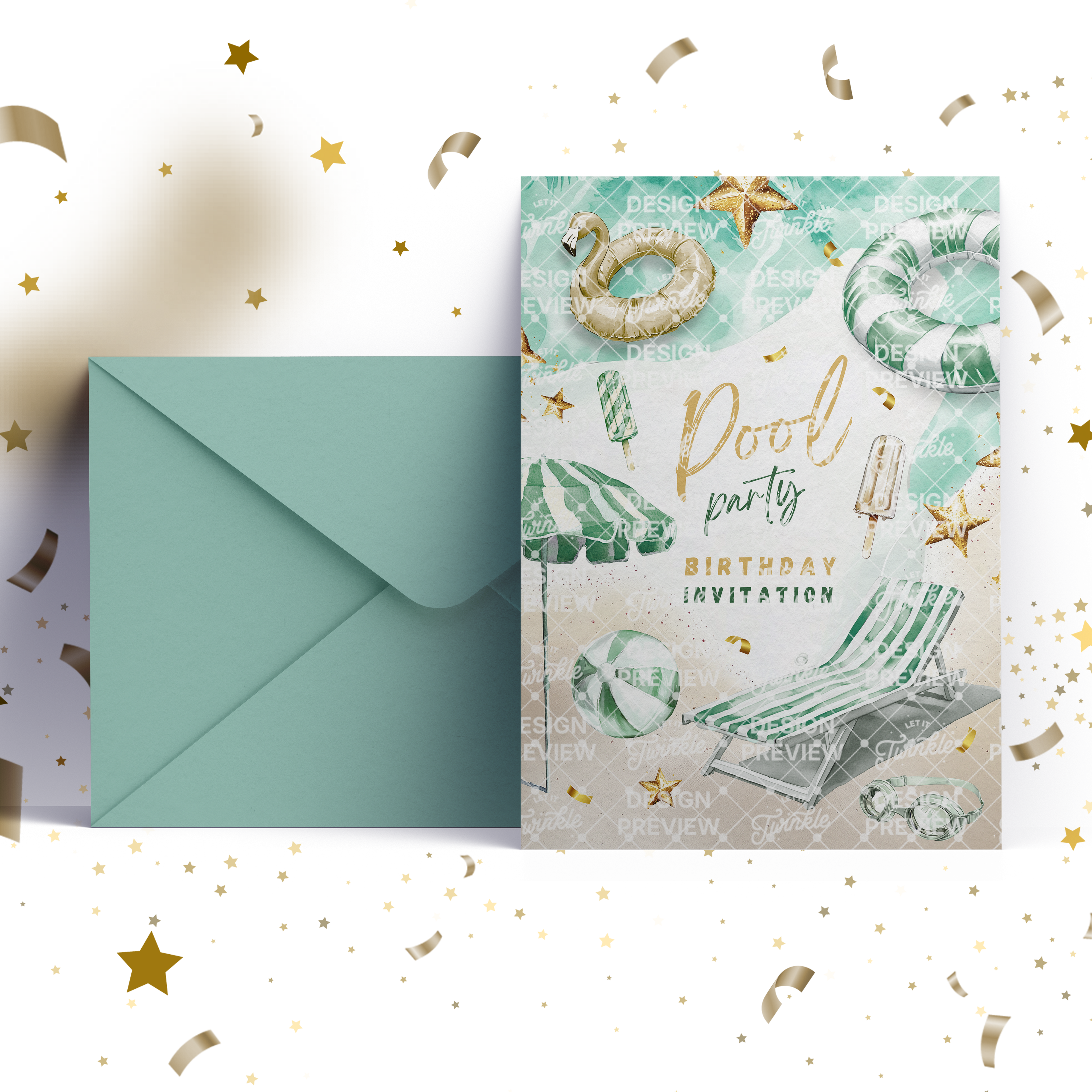 Pool Party Birthday Invitation Template • Editable Canva Invitation • Green & Gold