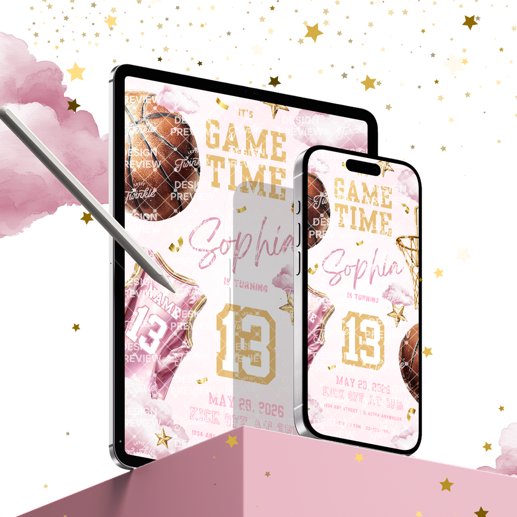 Basketball Birthday Invitation Template • Editable Canva Invitation • Pink & Gold
