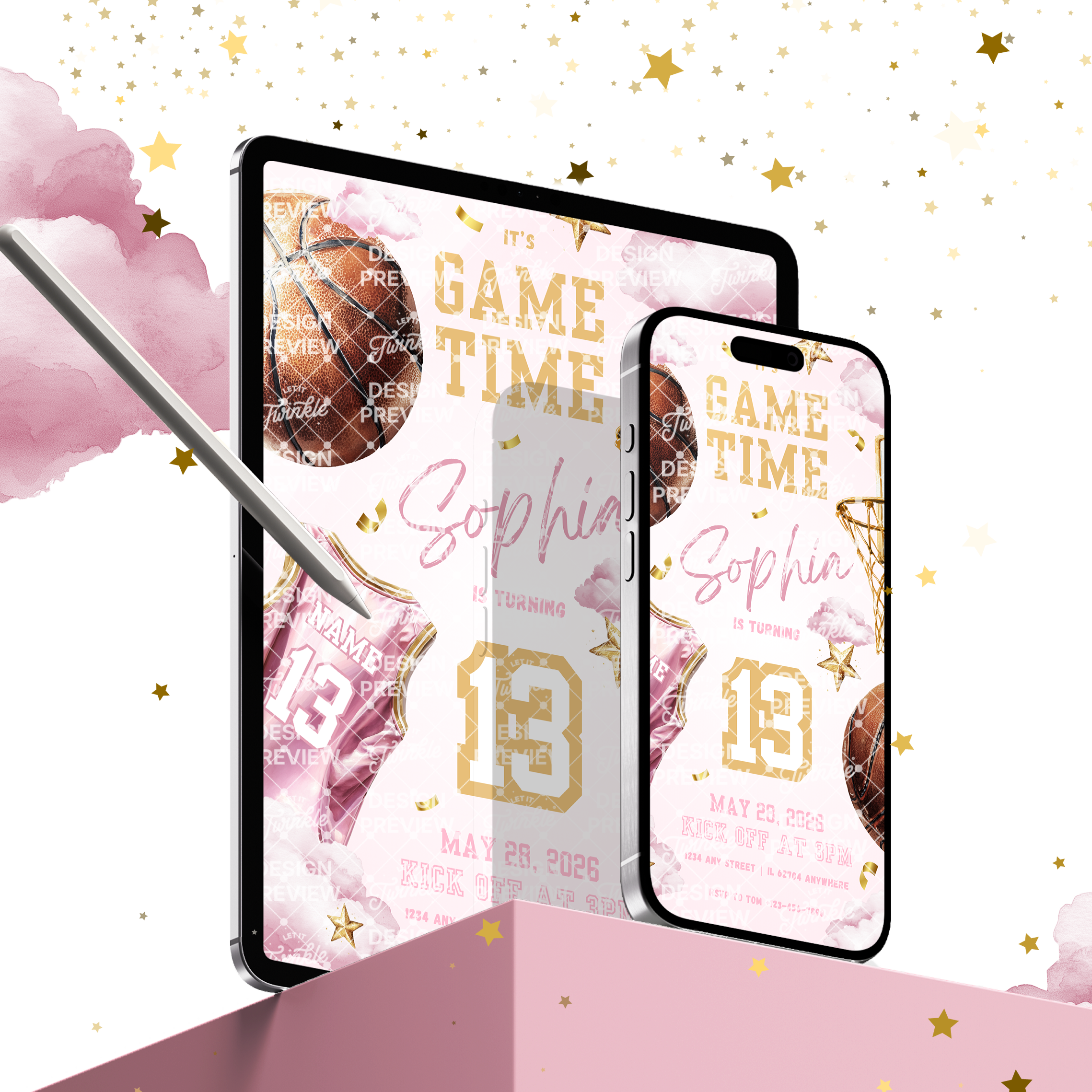 Basketball Birthday Invitation Template • Editable Canva Invitation • Pink & Gold