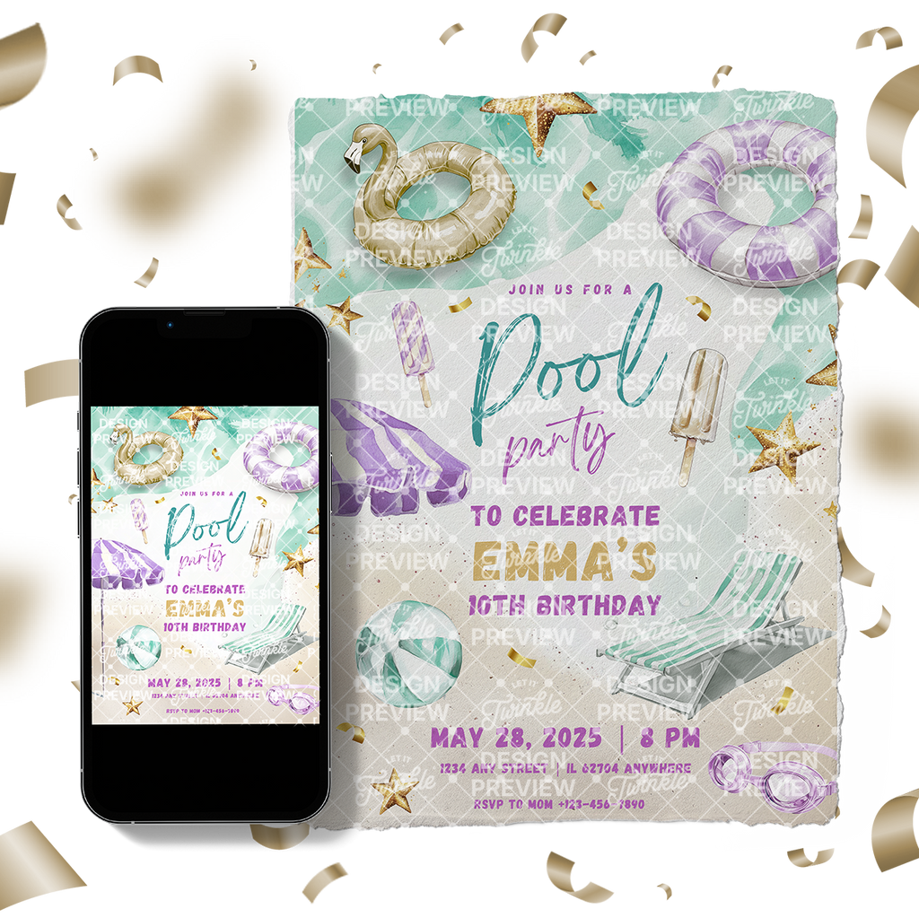 Pool Party Birthday Invitation Template • Editable Canva Invitation • Purple & Gold
