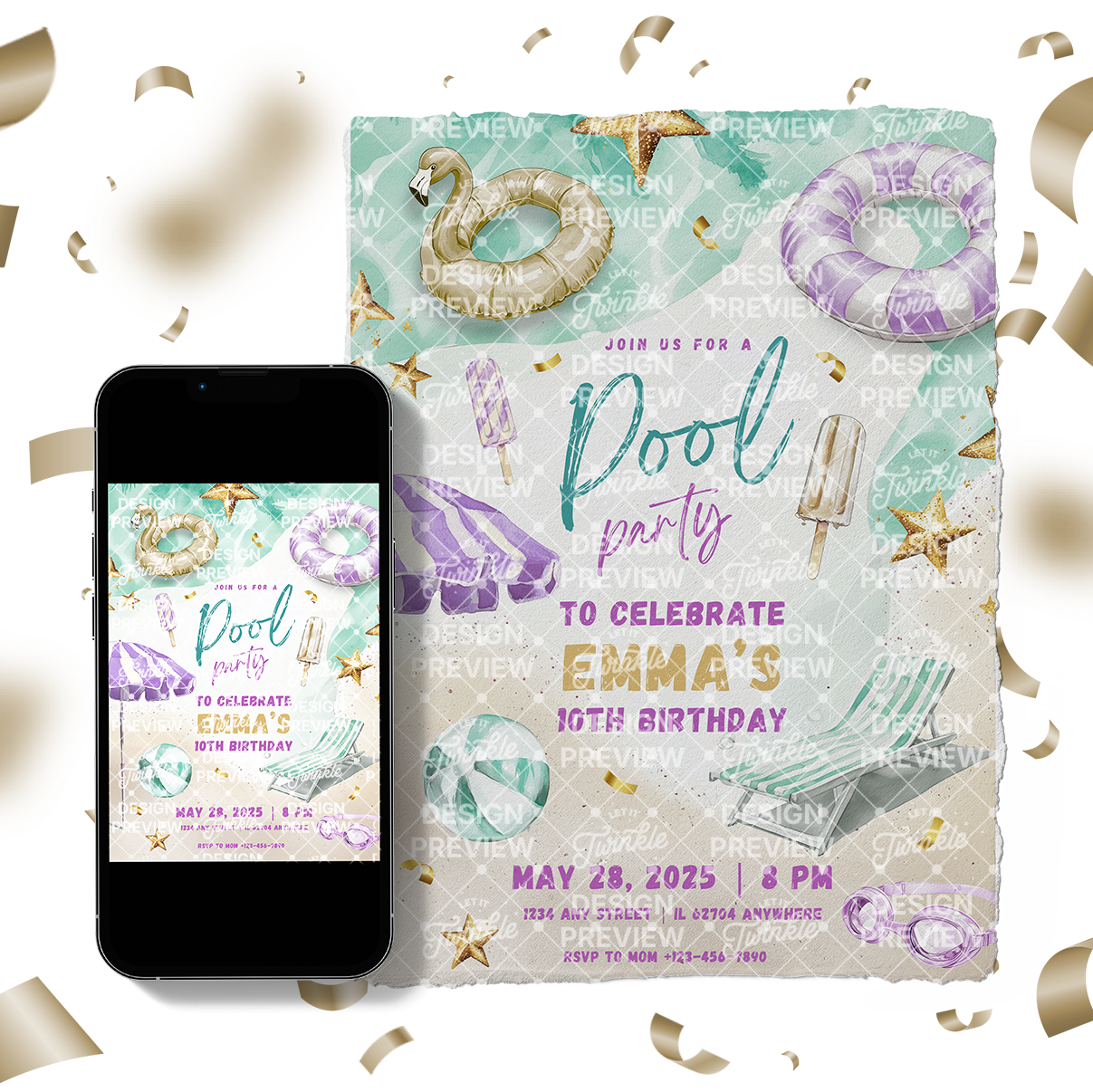 Pool Party Birthday Invitation Template • Editable Canva Invitation • Purple & Gold