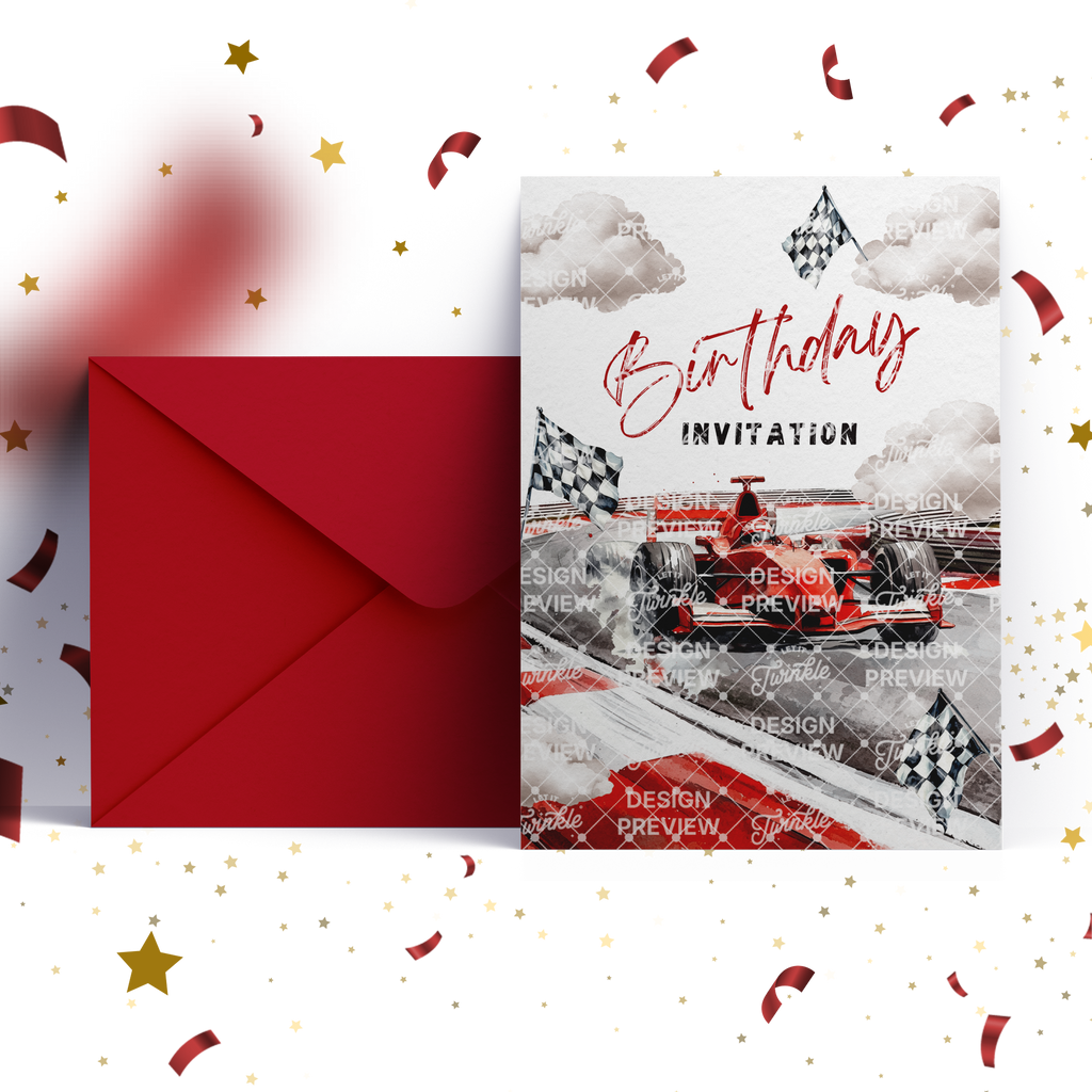Race Car Birthday Invitation Template • Editable Canva Invitation • Red & Gray