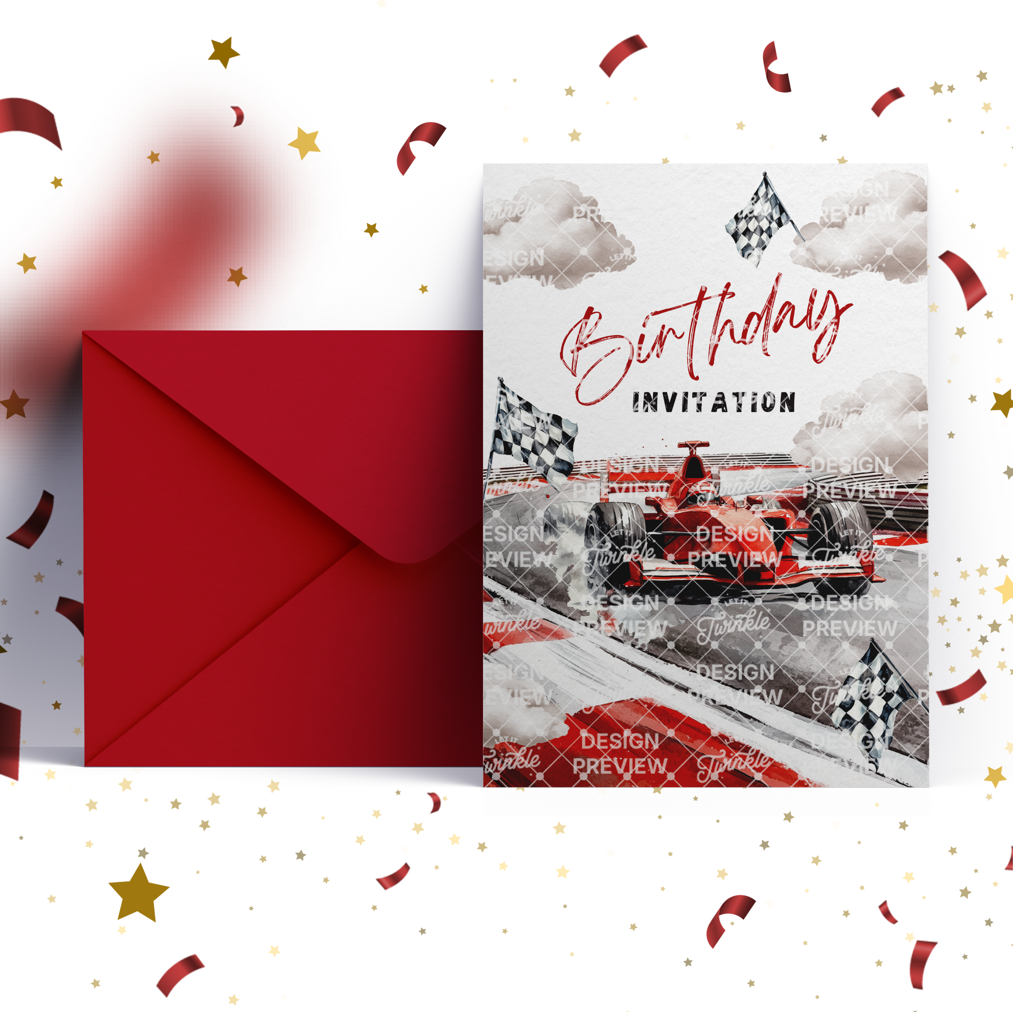 Race Car Birthday Invitation Template • Editable Canva Invitation • Red & Gray