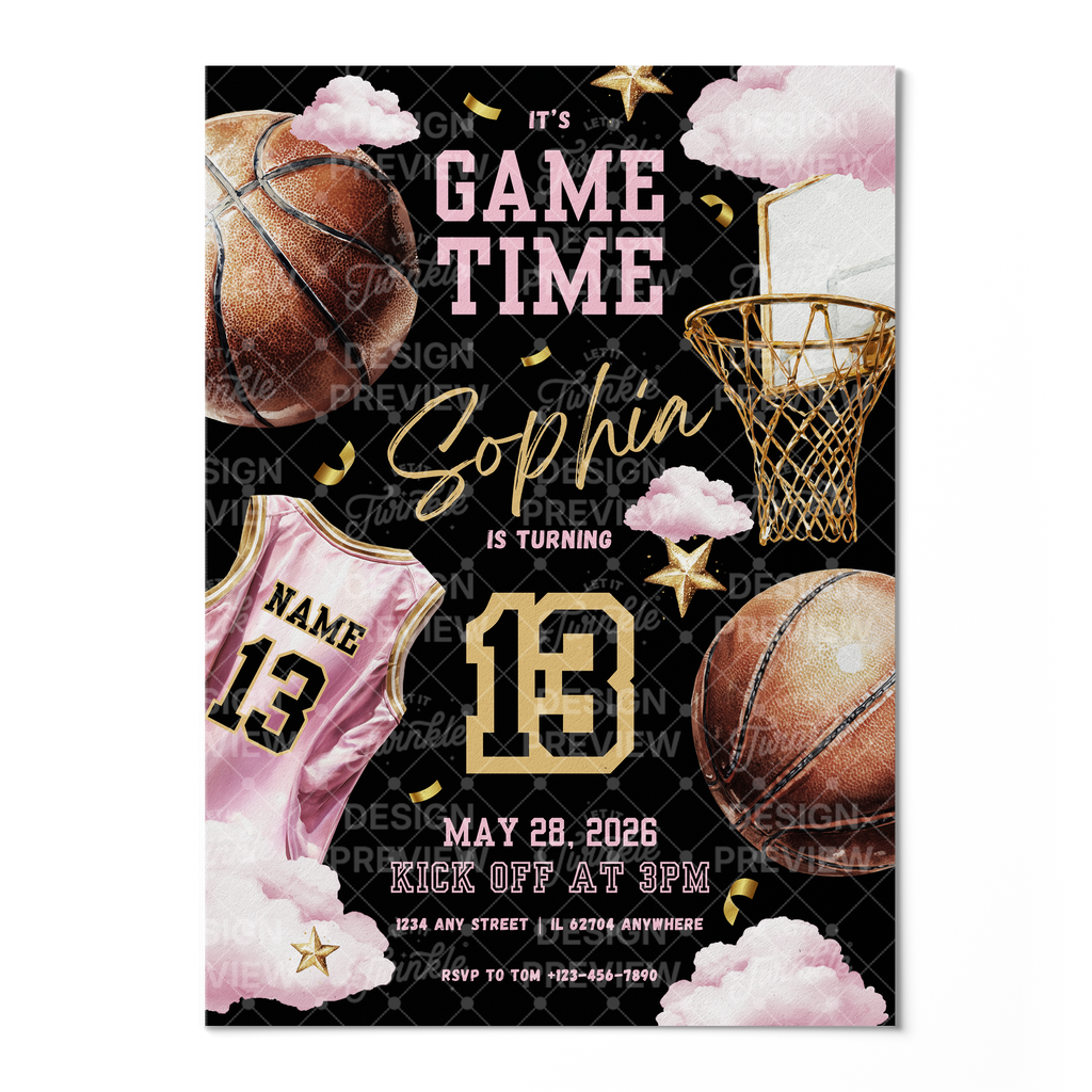 Basketball Birthday Invitation Template • Editable Canva Invitation • Pink & Black