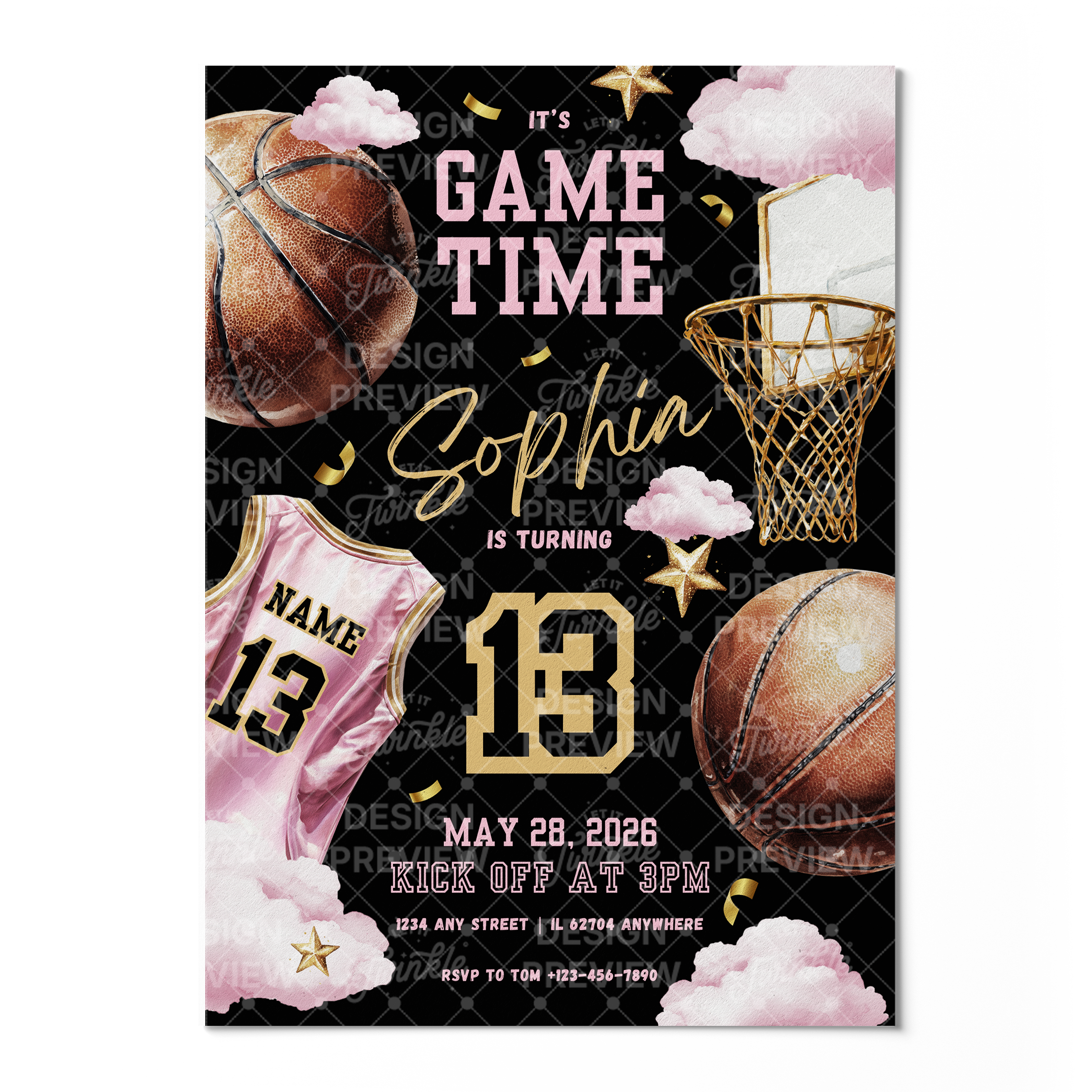 Basketball Birthday Invitation Template • Editable Canva Invitation • Pink & Black