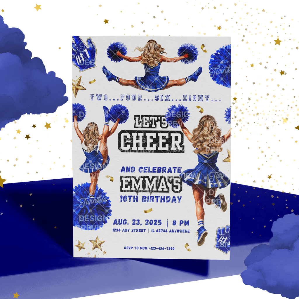 Let's Cheer Birthday Invitation Template • Editable Canva Invitation • Blue