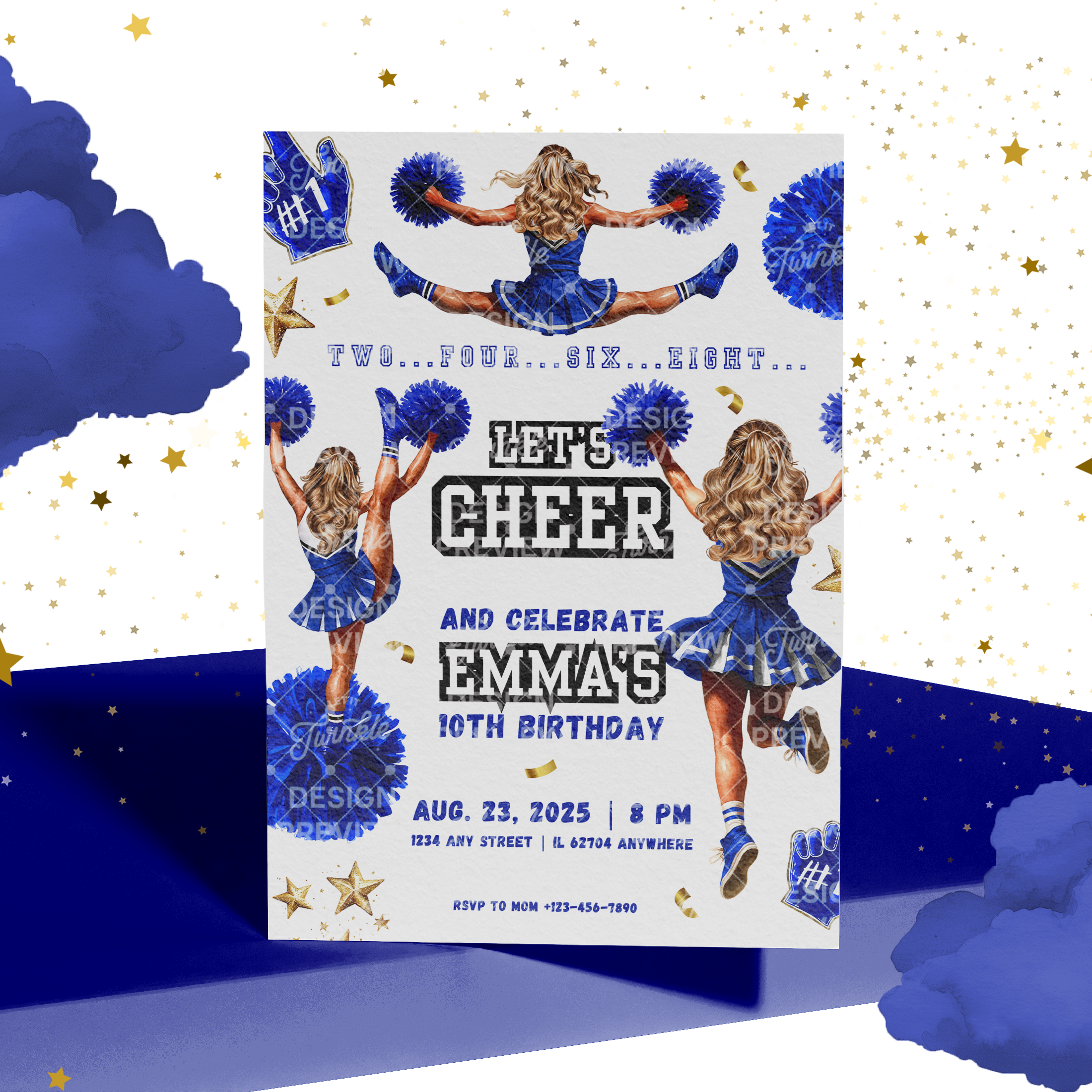 Let's Cheer Birthday Invitation Template • Editable Canva Invitation • Blue