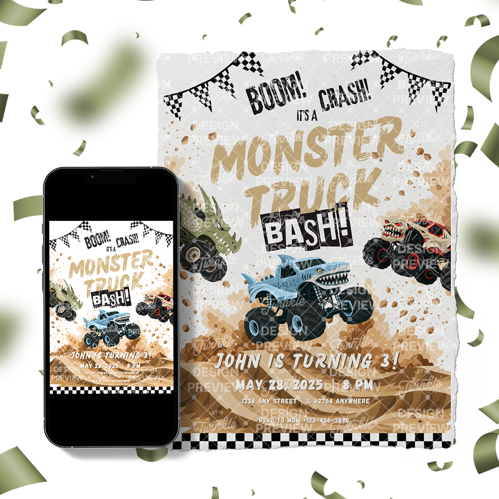 Monstertruck Geburtstagseinladung Lila & Blau