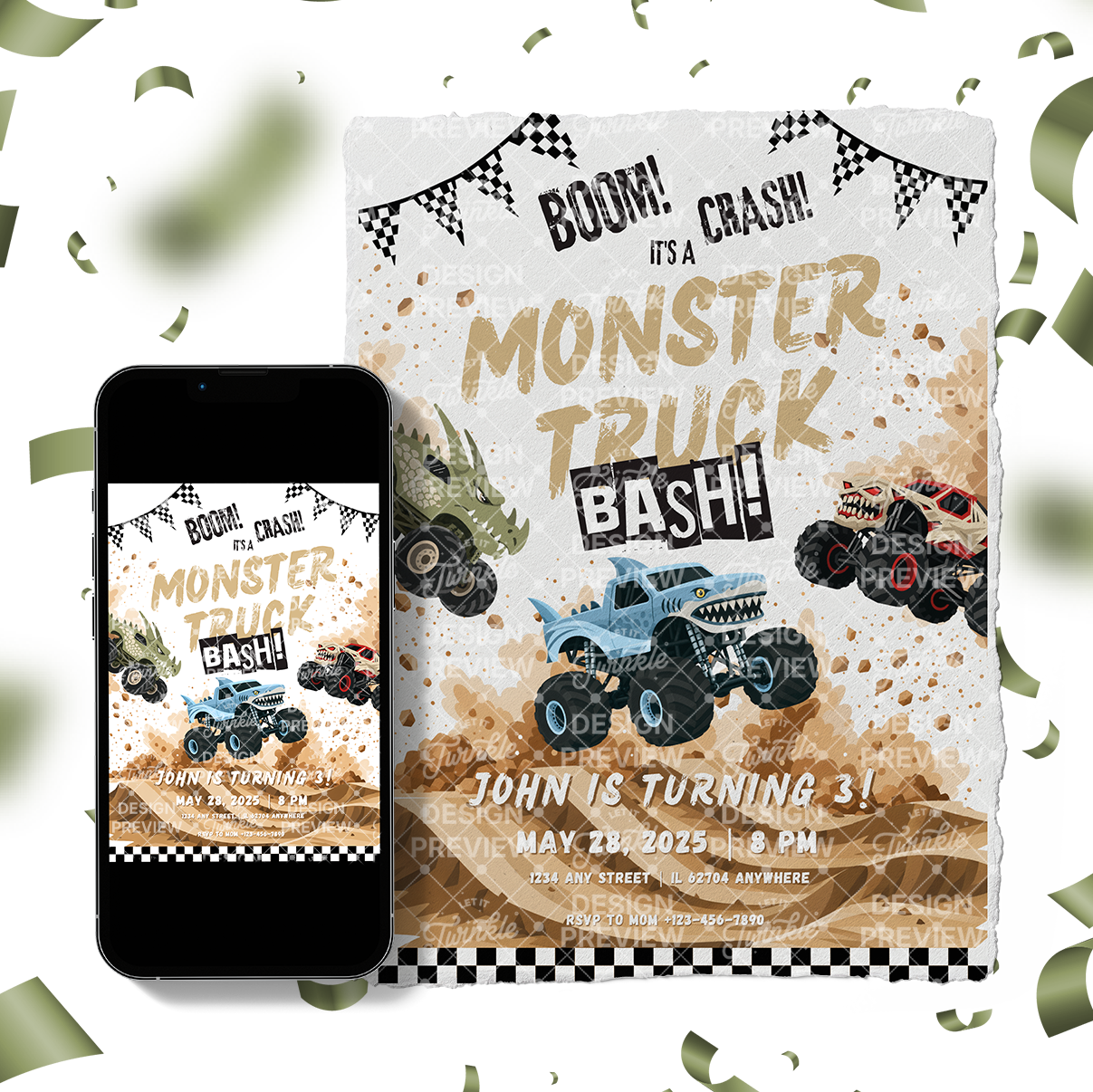 Monstertruck Geburtstagseinladung Lila & Blau