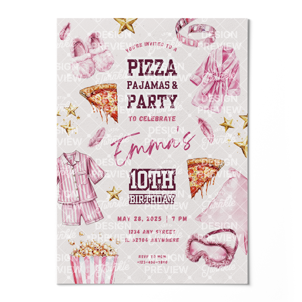 Pizza Pajams Party Birthday Invitation Template • Editable Canva Invitation • Pink