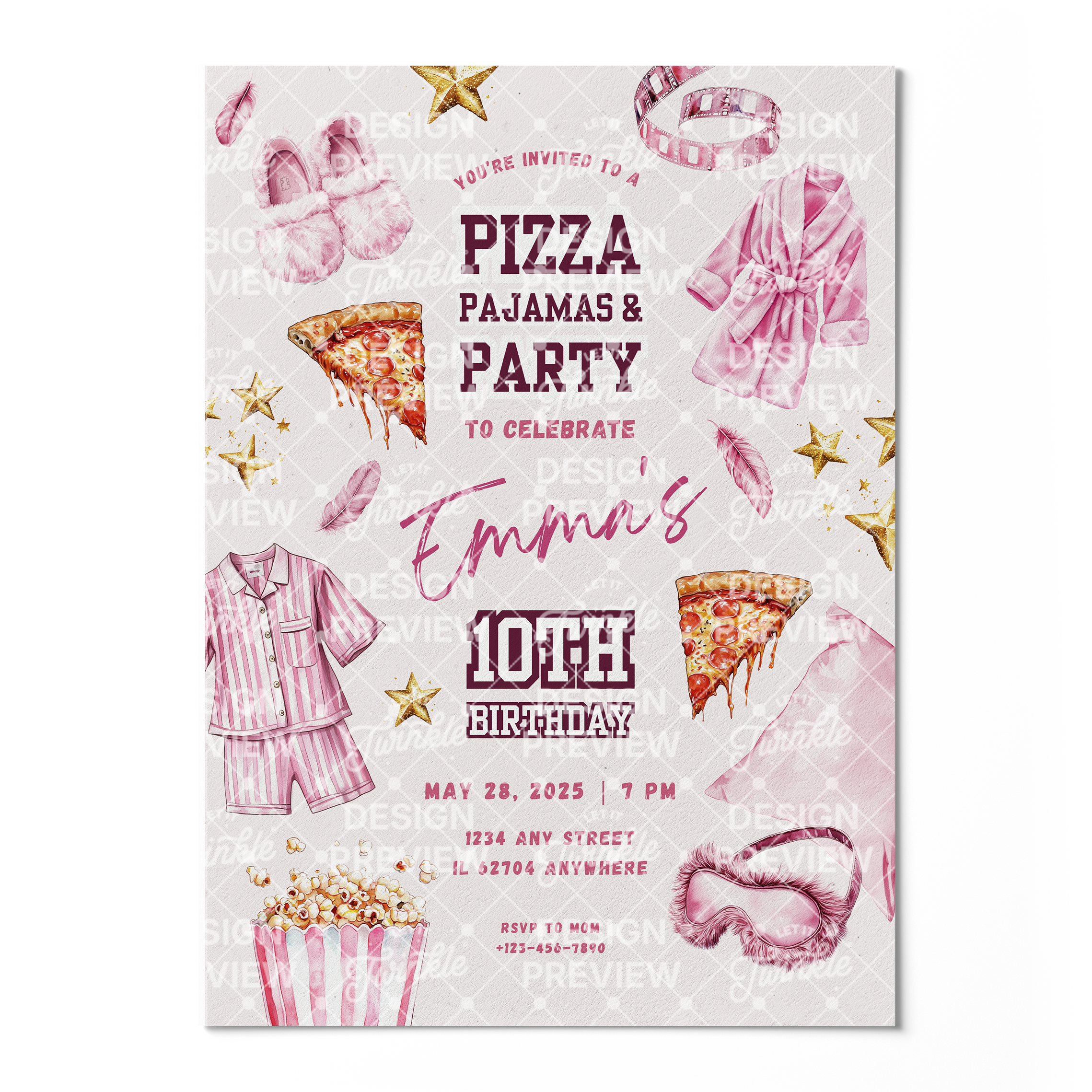 Pizza Pajams Party Birthday Invitation Template • Editable Canva Invitation • Pink