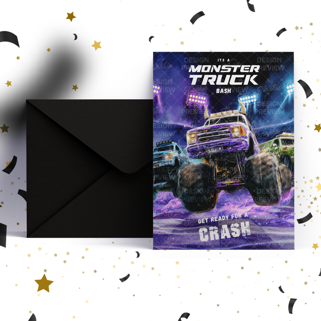 Monstertruck Geburtstagseinladung Lila & Blau