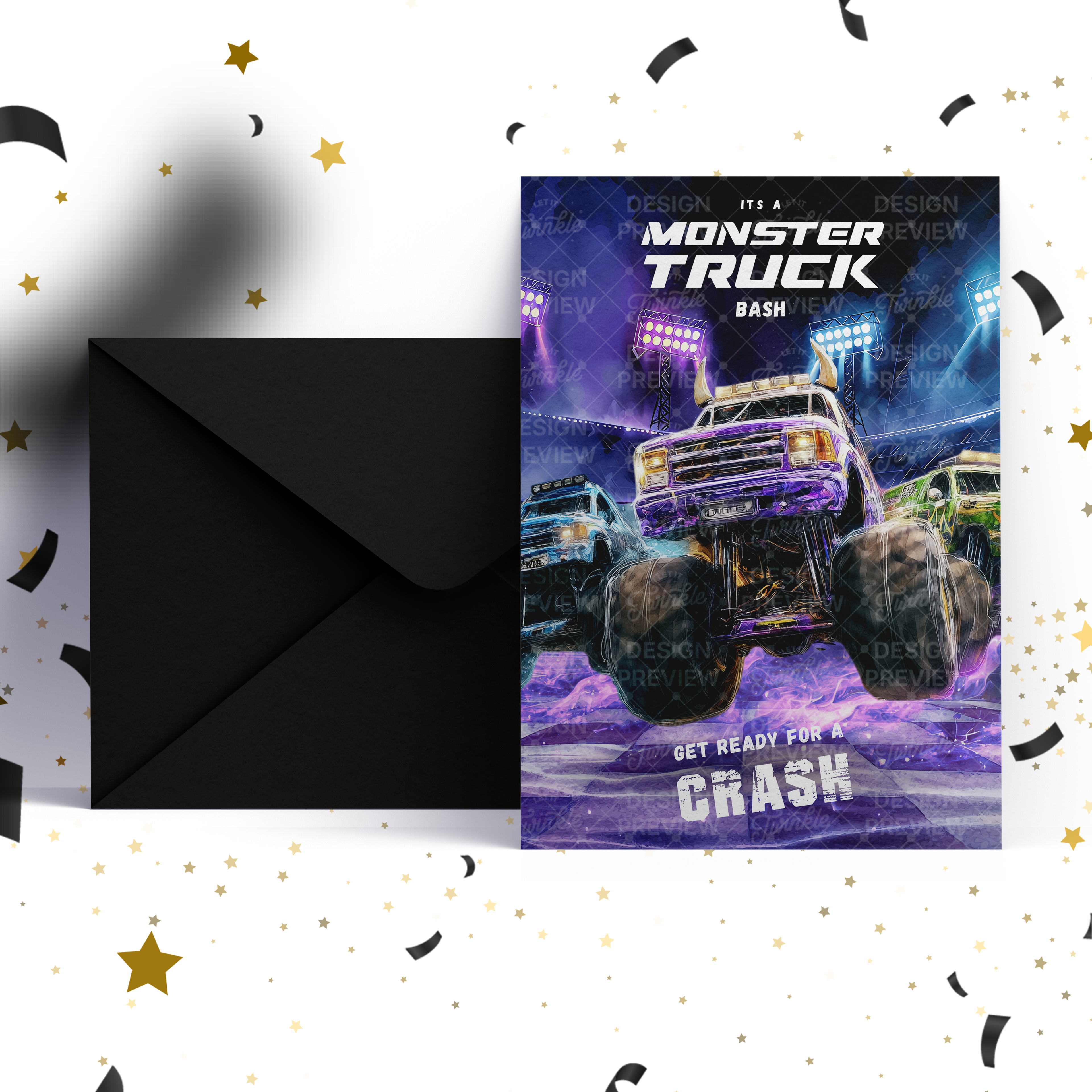 Monstertruck Geburtstagseinladung Lila & Blau