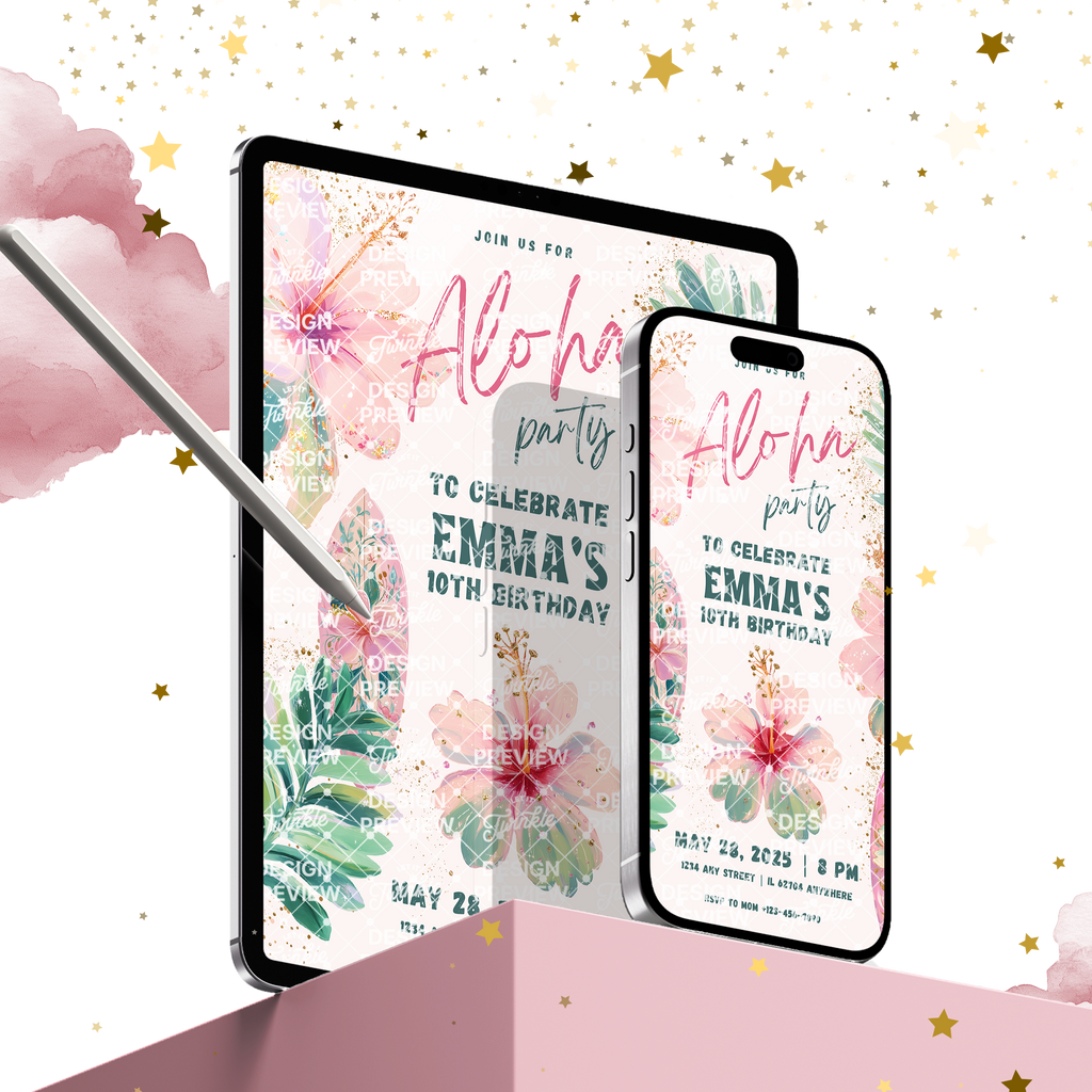 Aloha Birthday Invitation Template • Editable Canva Invitation • Pastel Pink