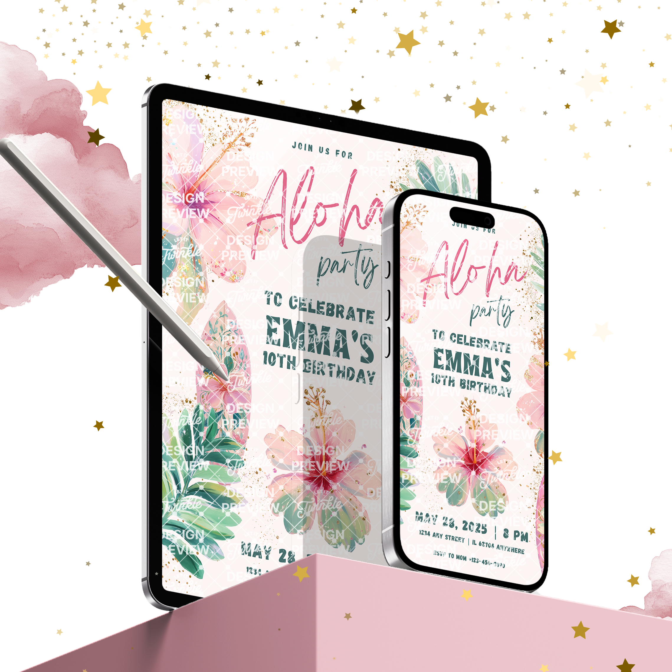 Aloha Birthday Invitation Template • Editable Canva Invitation • Pastel Pink