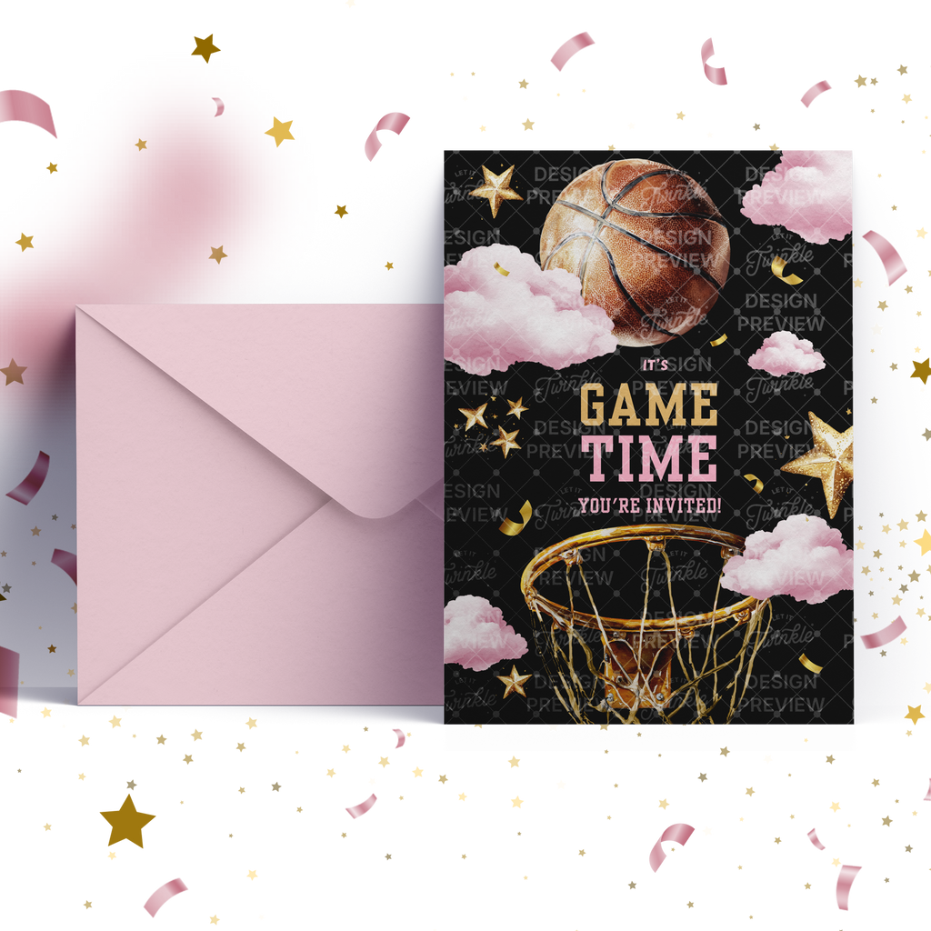 Basketball Birthday Invitation Template • Editable Canva Invitation • Pink & Black