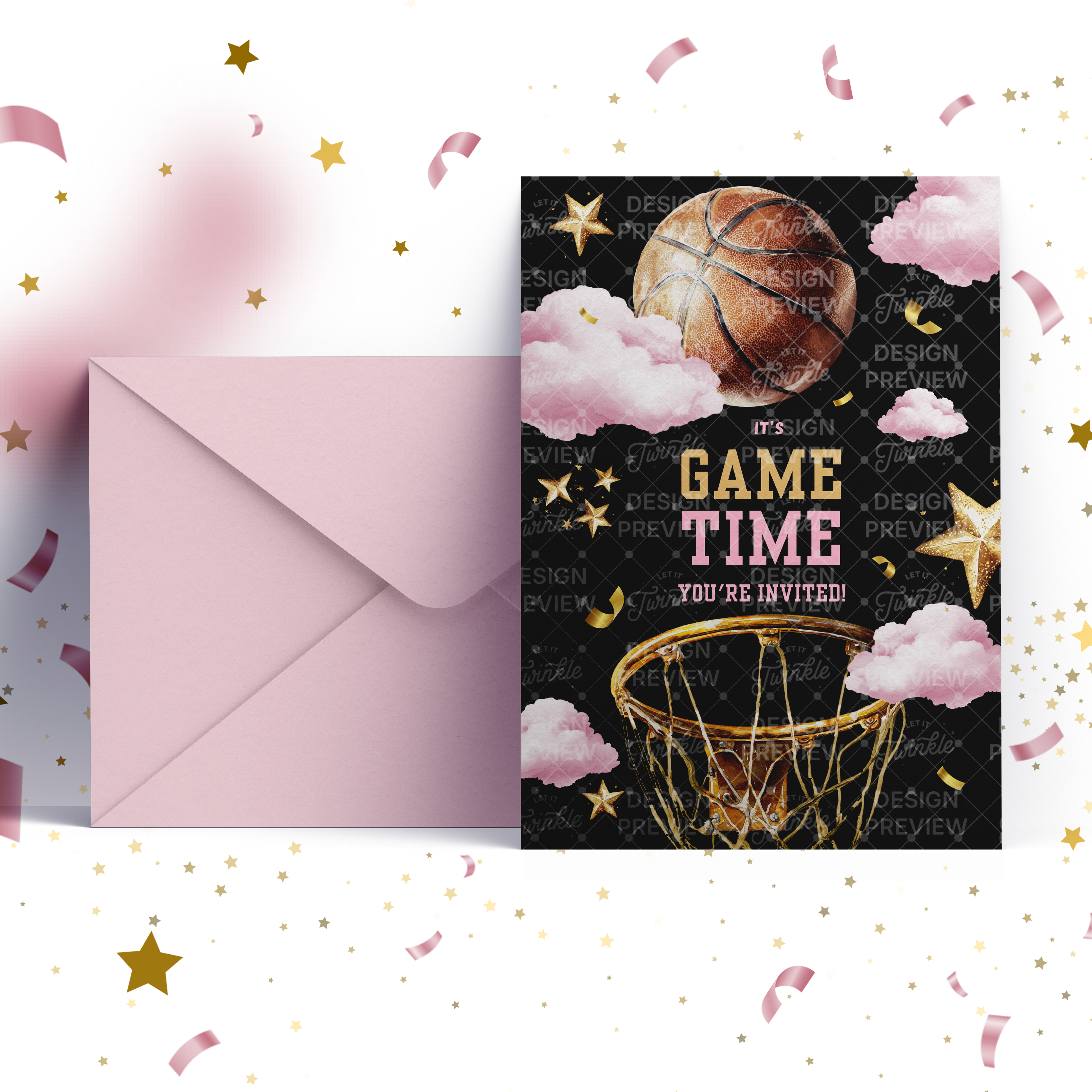 Basketball Birthday Invitation Template • Editable Canva Invitation • Pink & Black