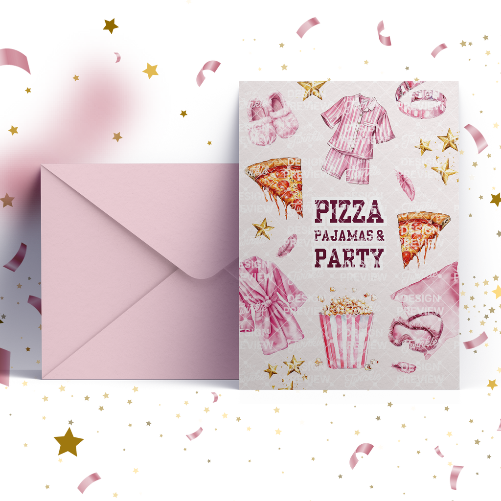 Pizza Pajams Party Birthday Invitation Template • Editable Canva Invitation • Pink