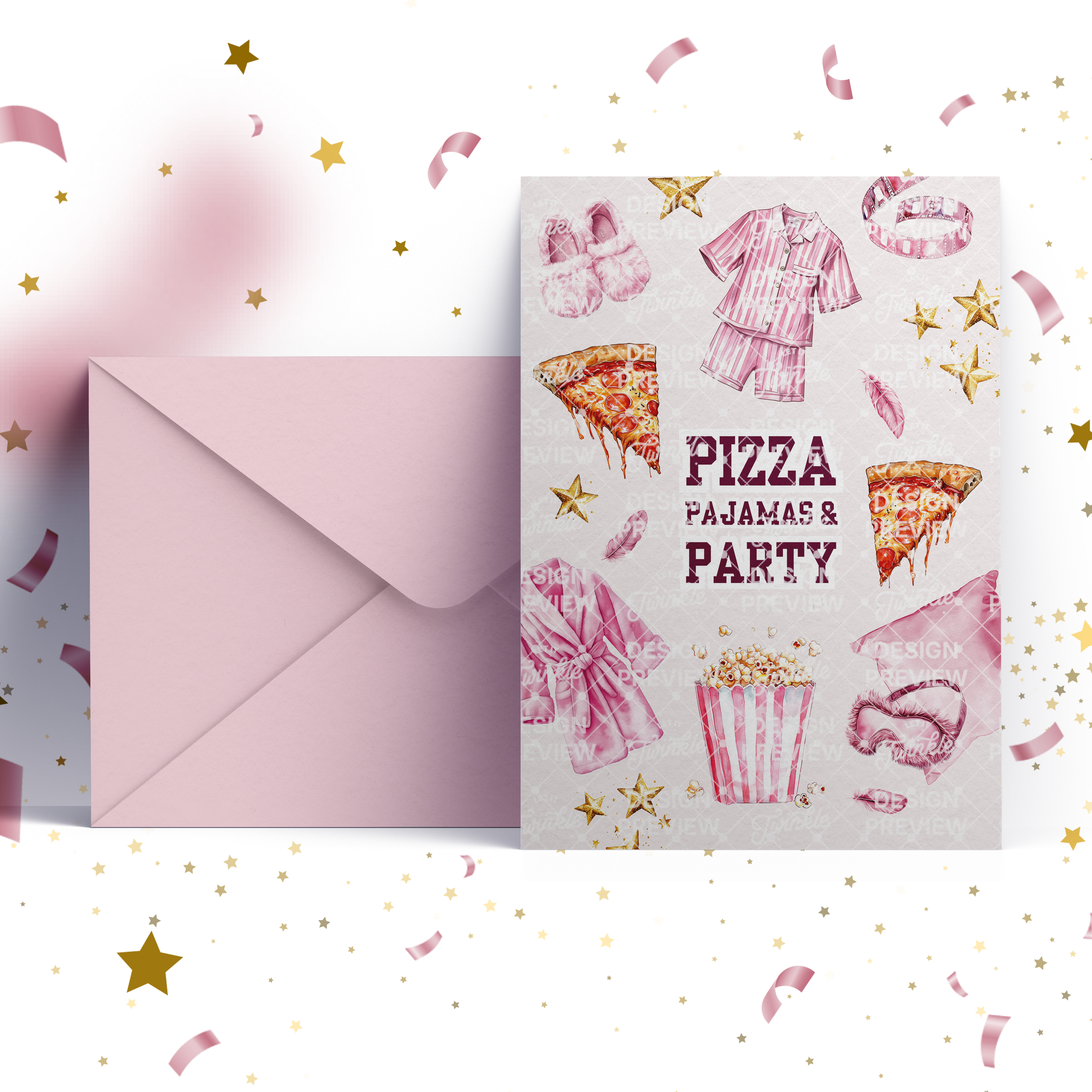 Pizza Pajams Party Birthday Invitation Template • Editable Canva Invitation • Pink