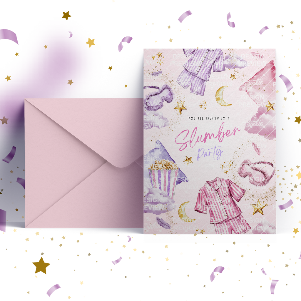 Slumber Party Birthday Invitation Template • Editable Canva Invitation • Purple & Pink