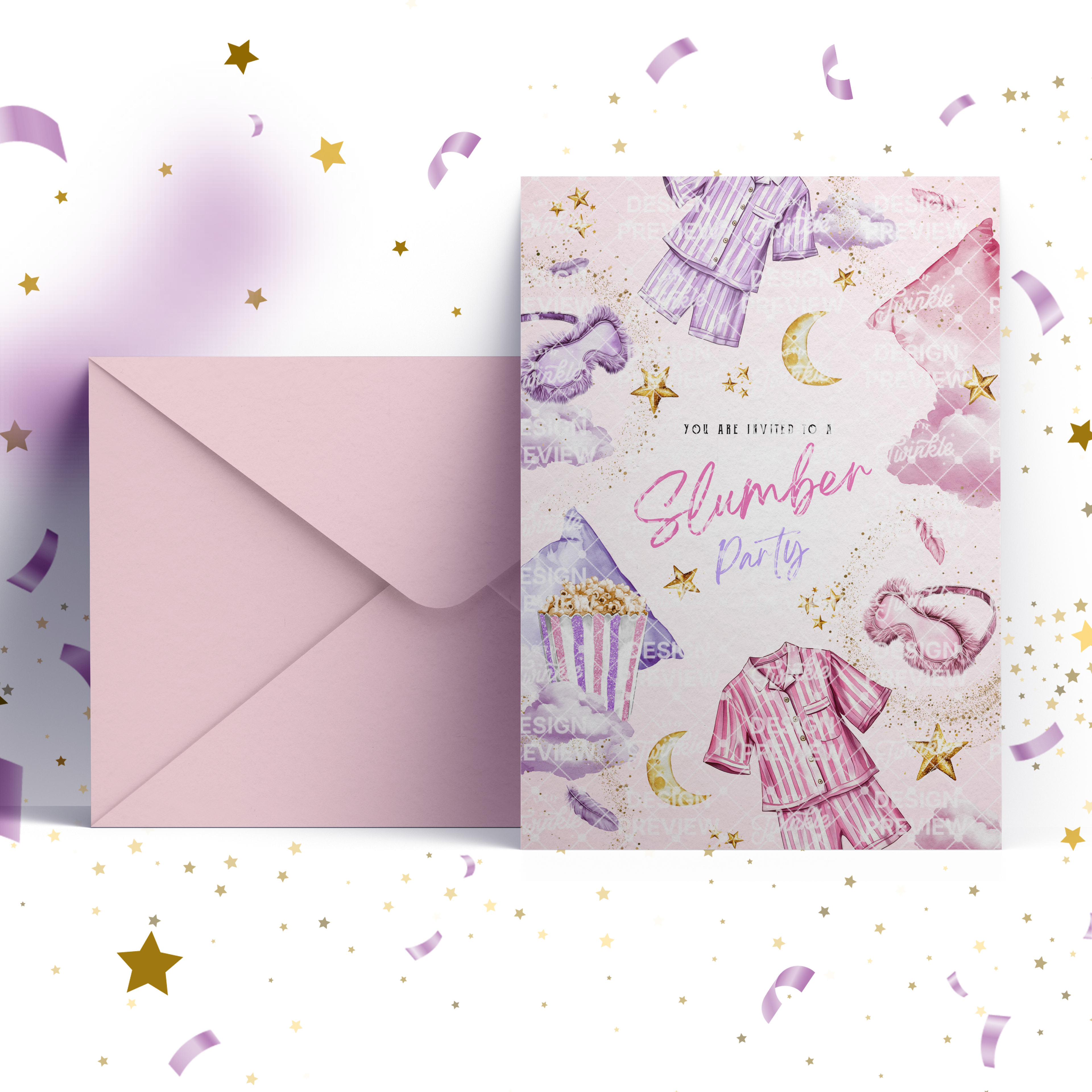 Slumber Party Birthday Invitation Template • Editable Canva Invitation • Purple & Pink
