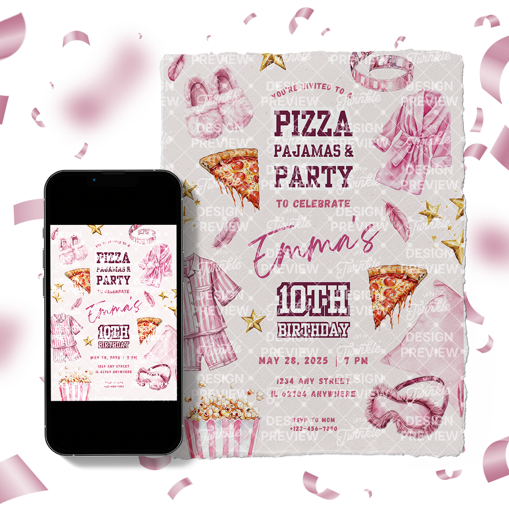 Pizza Pajams Party Birthday Invitation Template • Editable Canva Invitation • Pink