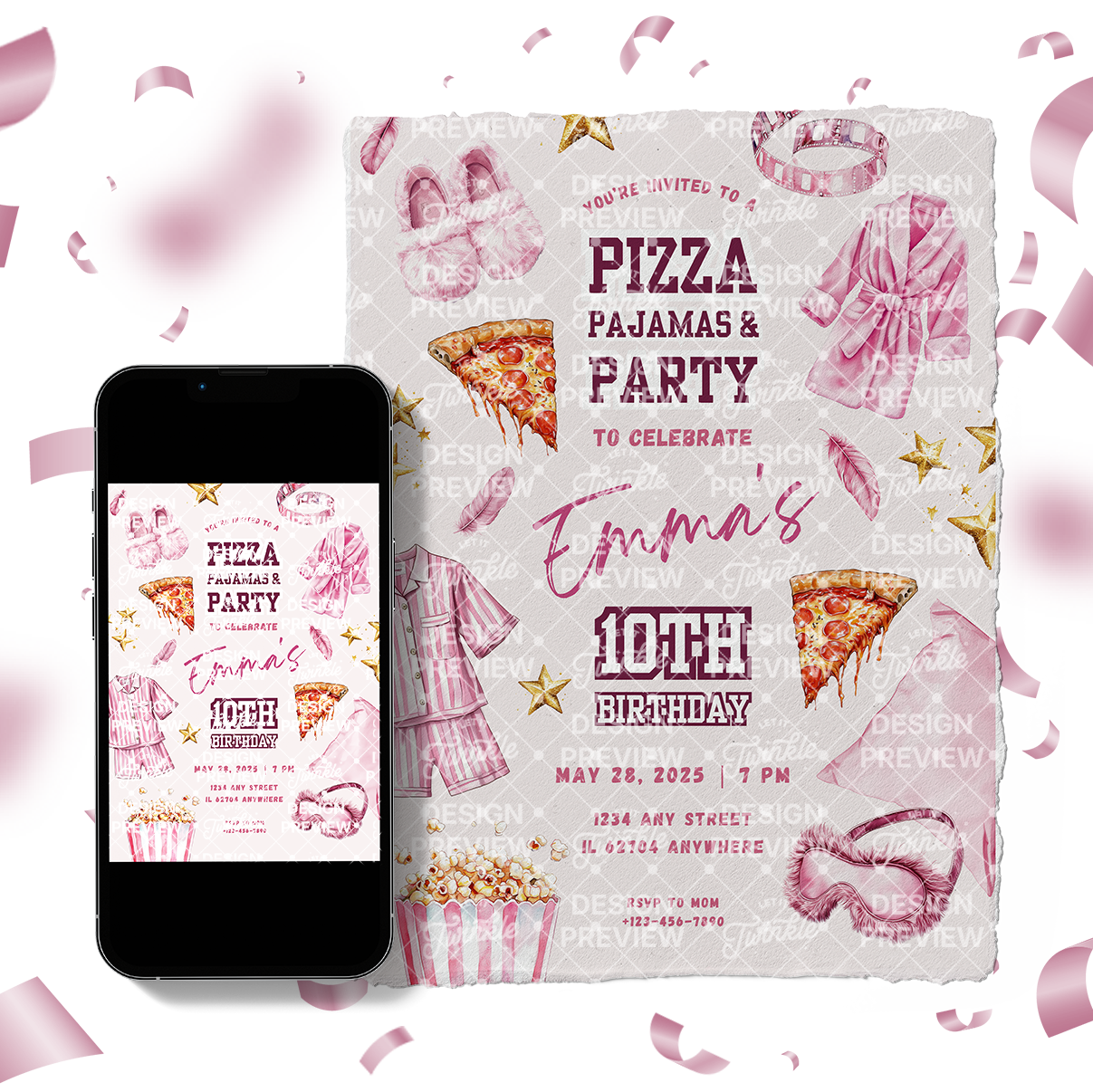 Pizza Pajams Party Birthday Invitation Template • Editable Canva Invitation • Pink
