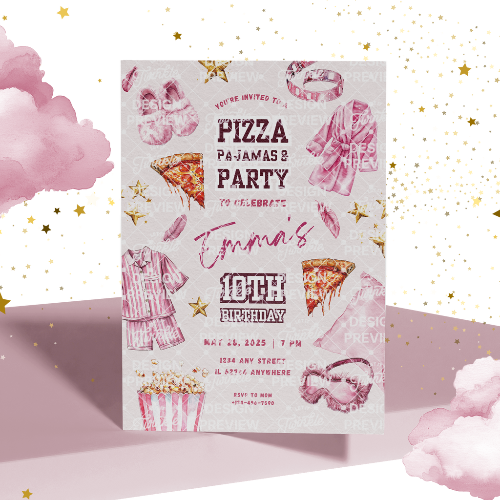 Pizza Pajams Party Birthday Invitation Template • Editable Canva Invitation • Pink