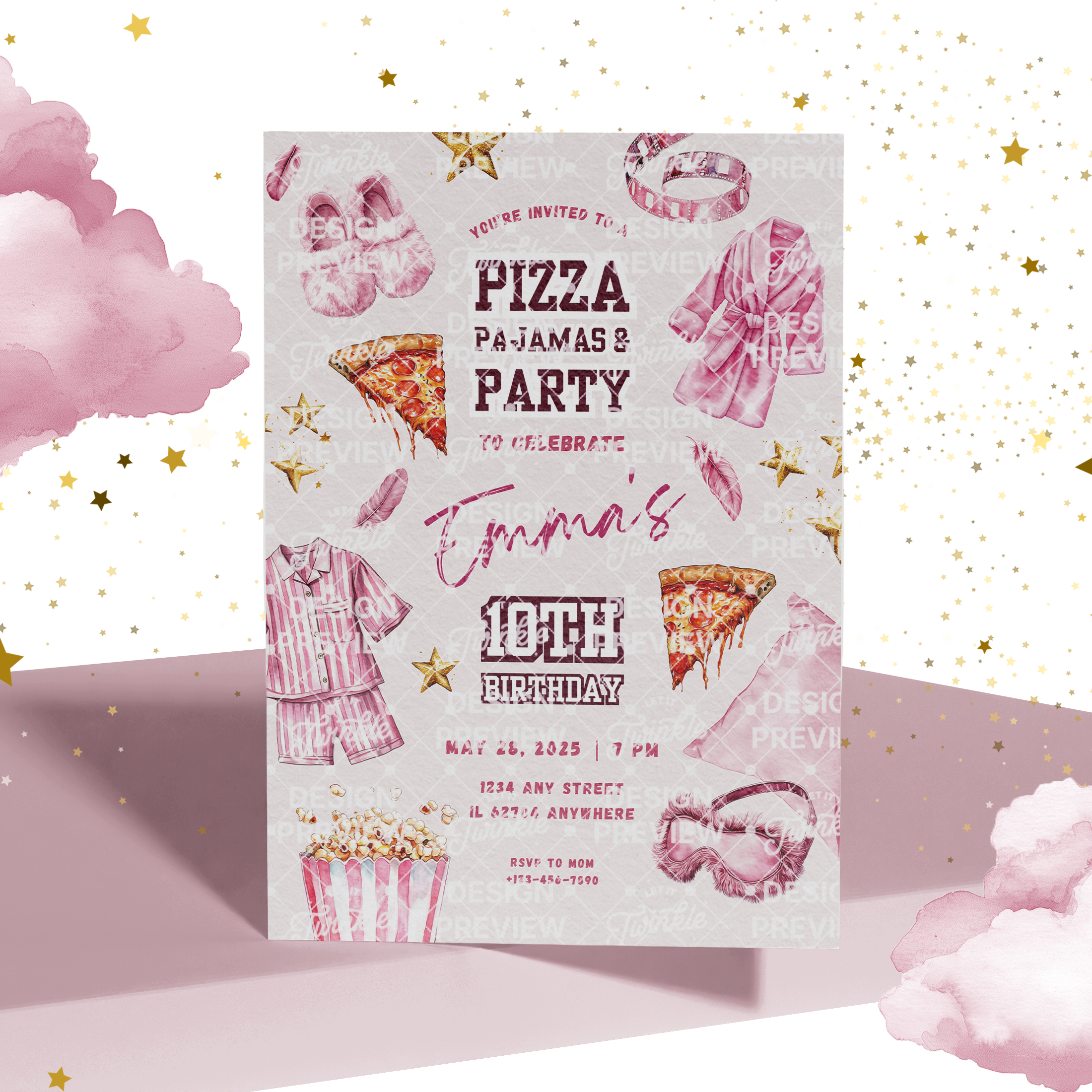 Pizza Pajams Party Birthday Invitation Template • Editable Canva Invitation • Pink