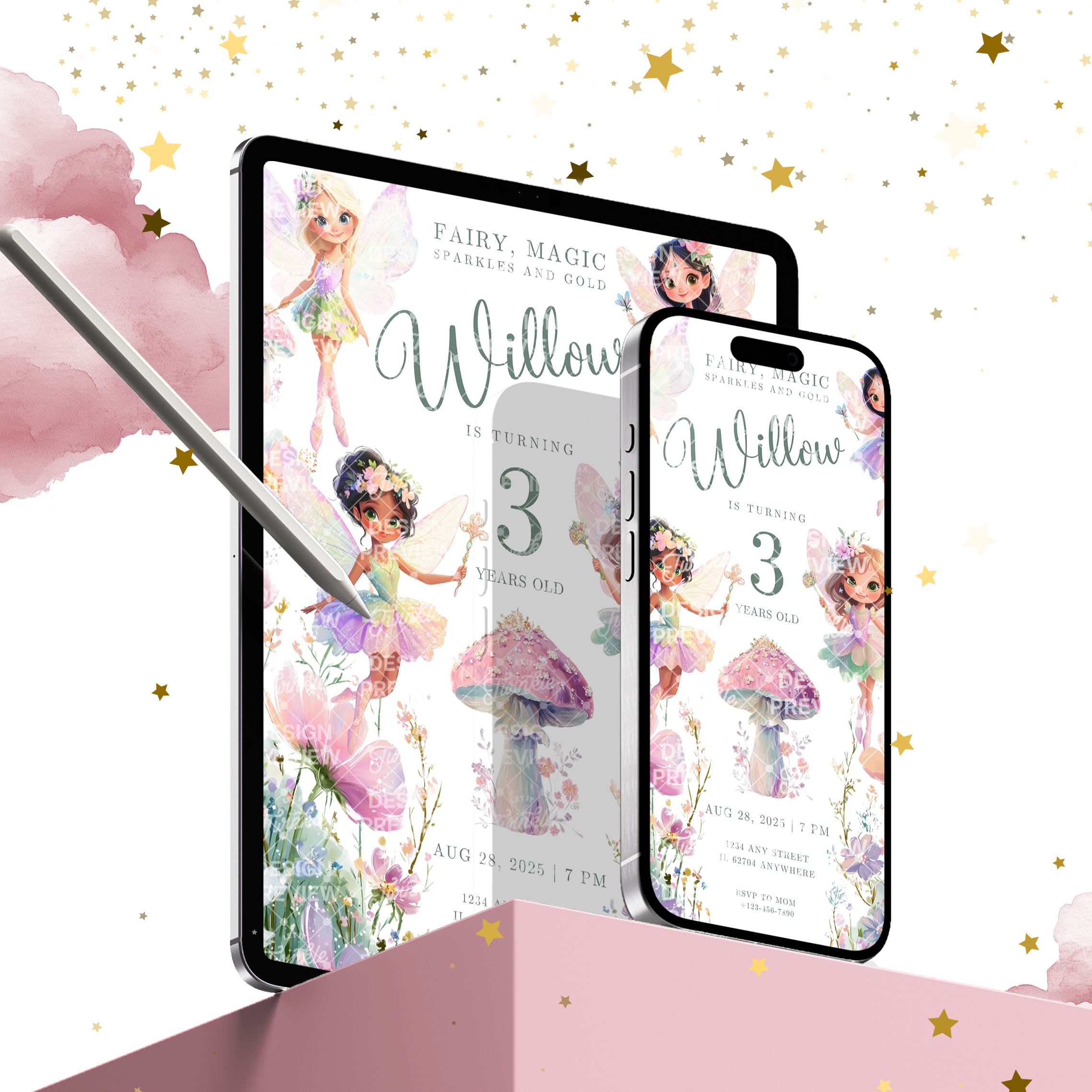 Fairy Birthday Invitation Template • Editable Canva Invitation • Pastel