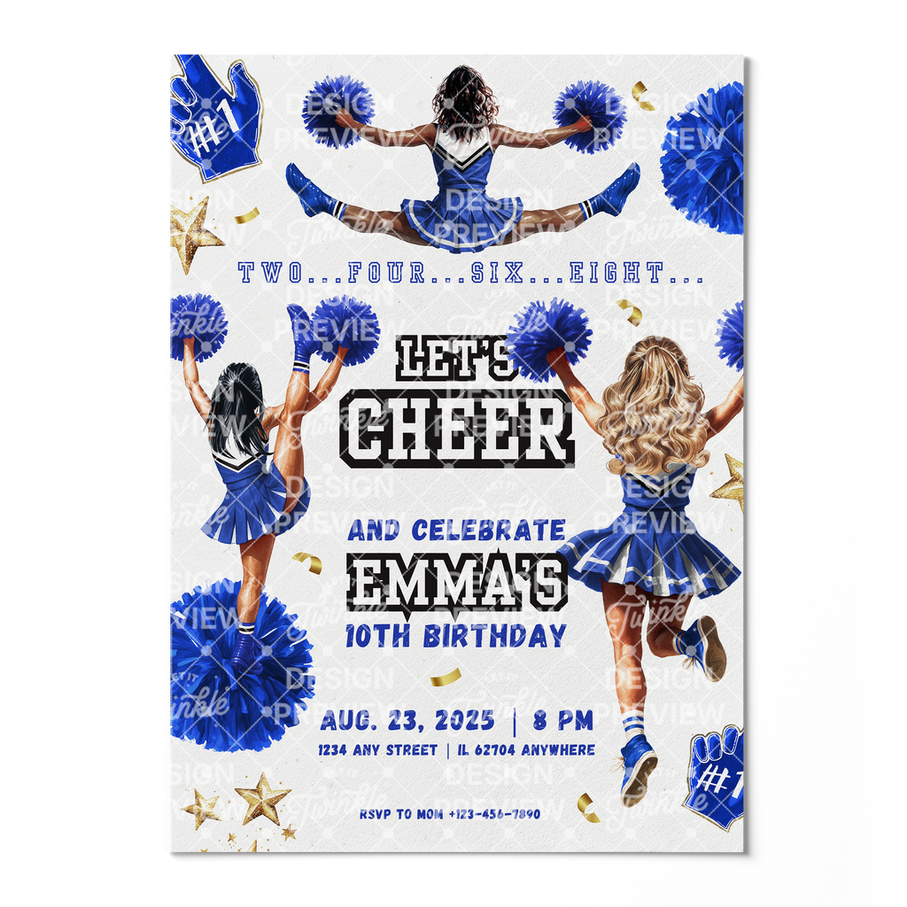 Let's Cheer Birthday Invitation Template • Editable Canva Invitation • Blue