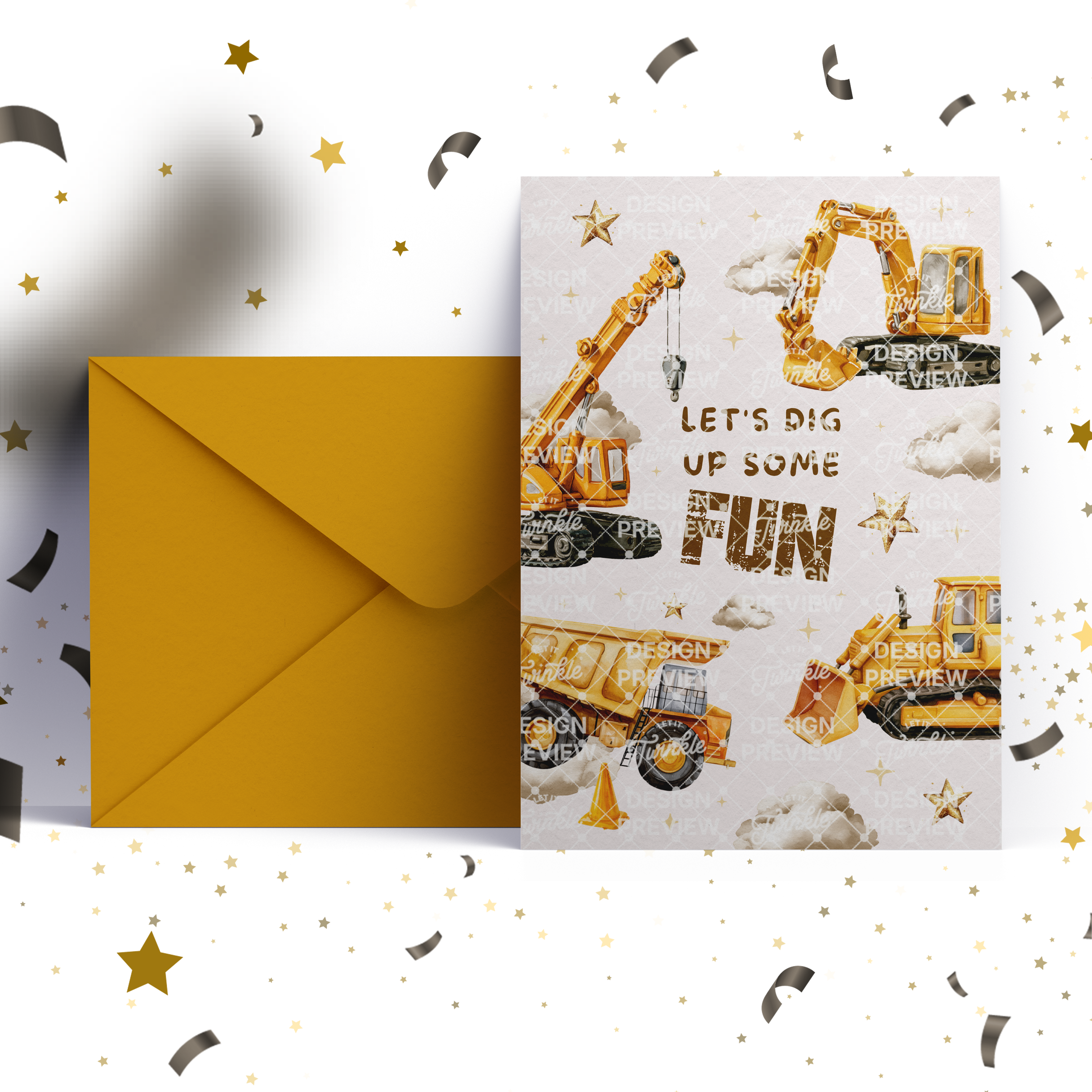 Construction Sign Birthday Invitation Template • Editable Canva Invitation • Yellow, Beige & Gold