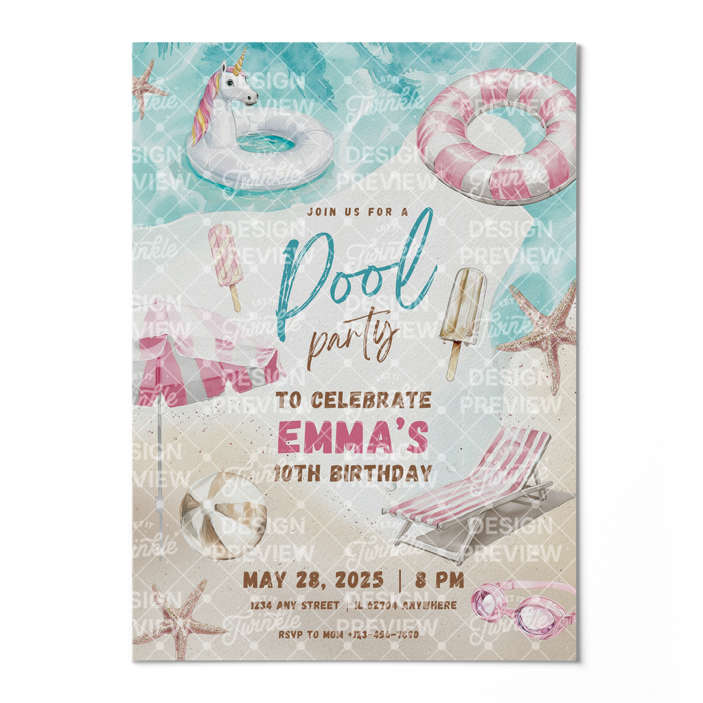 Pool Party Birthday Invitation Template • Editable Canva Invitation • Beige & Pink