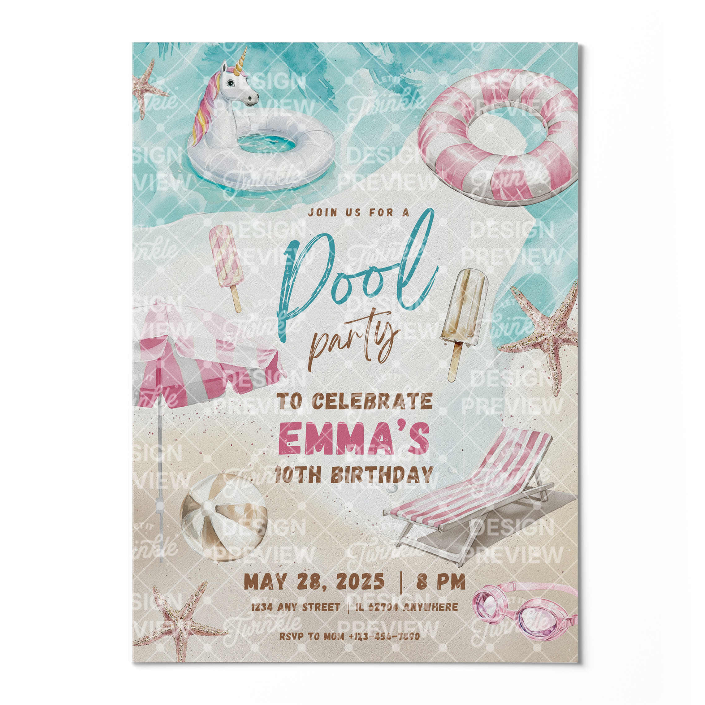 Pool Party Birthday Invitation Template • Editable Canva Invitation • Beige & Pink