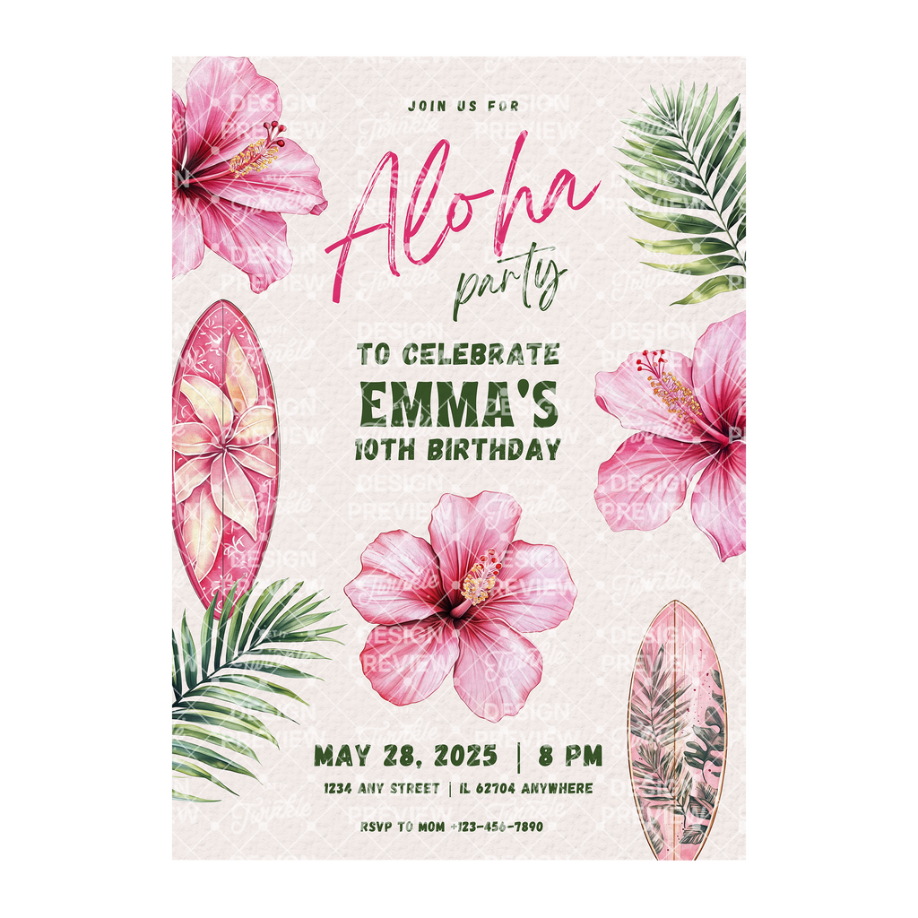 Aloha Birthday Invitation Template • Editable Canva Invitation • Pink
