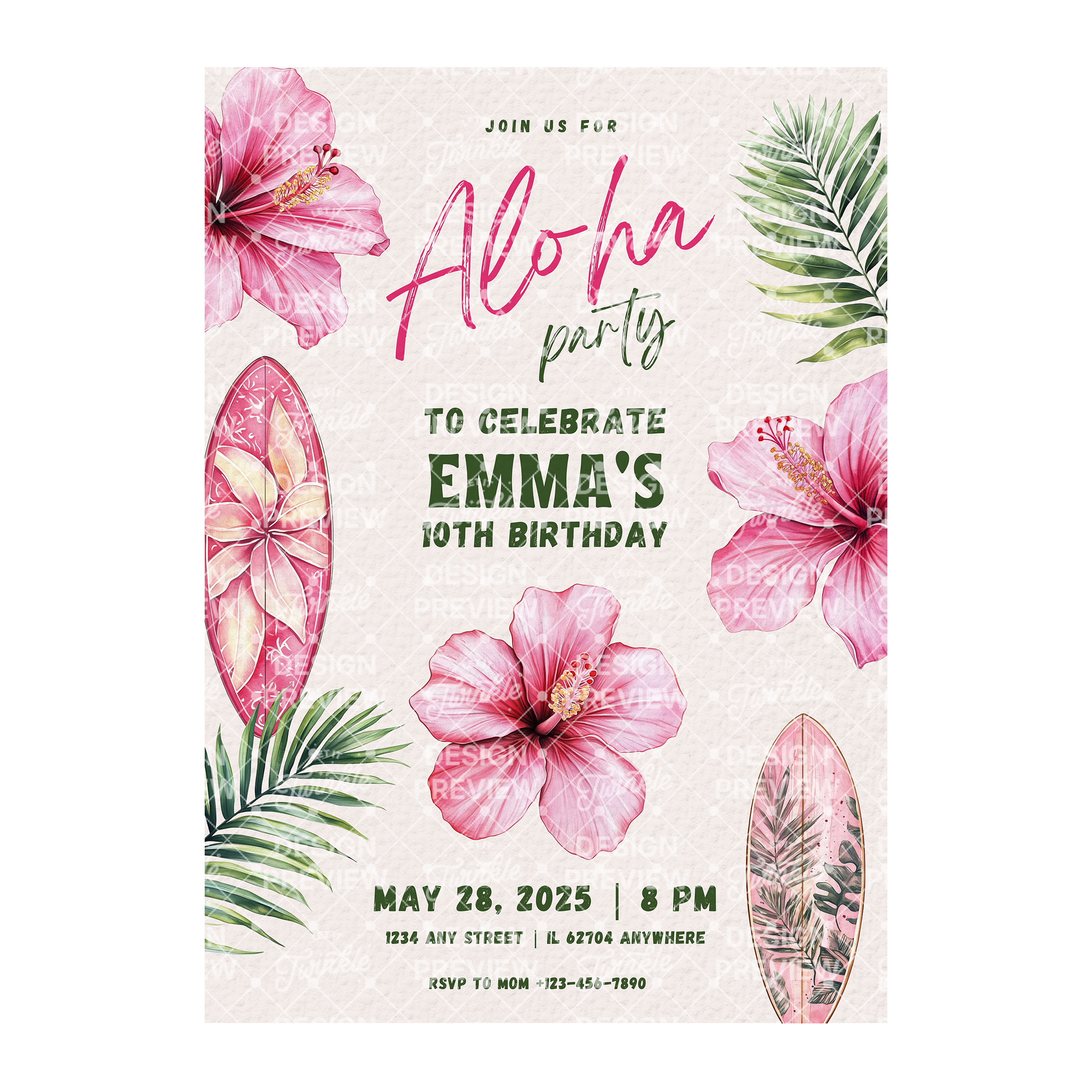 Aloha Birthday Invitation Template • Editable Canva Invitation • Pink