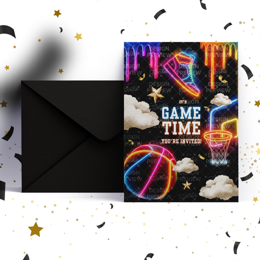 Basketball Birthday Invitation Template • Editable Canva Invitation • Neon & Black