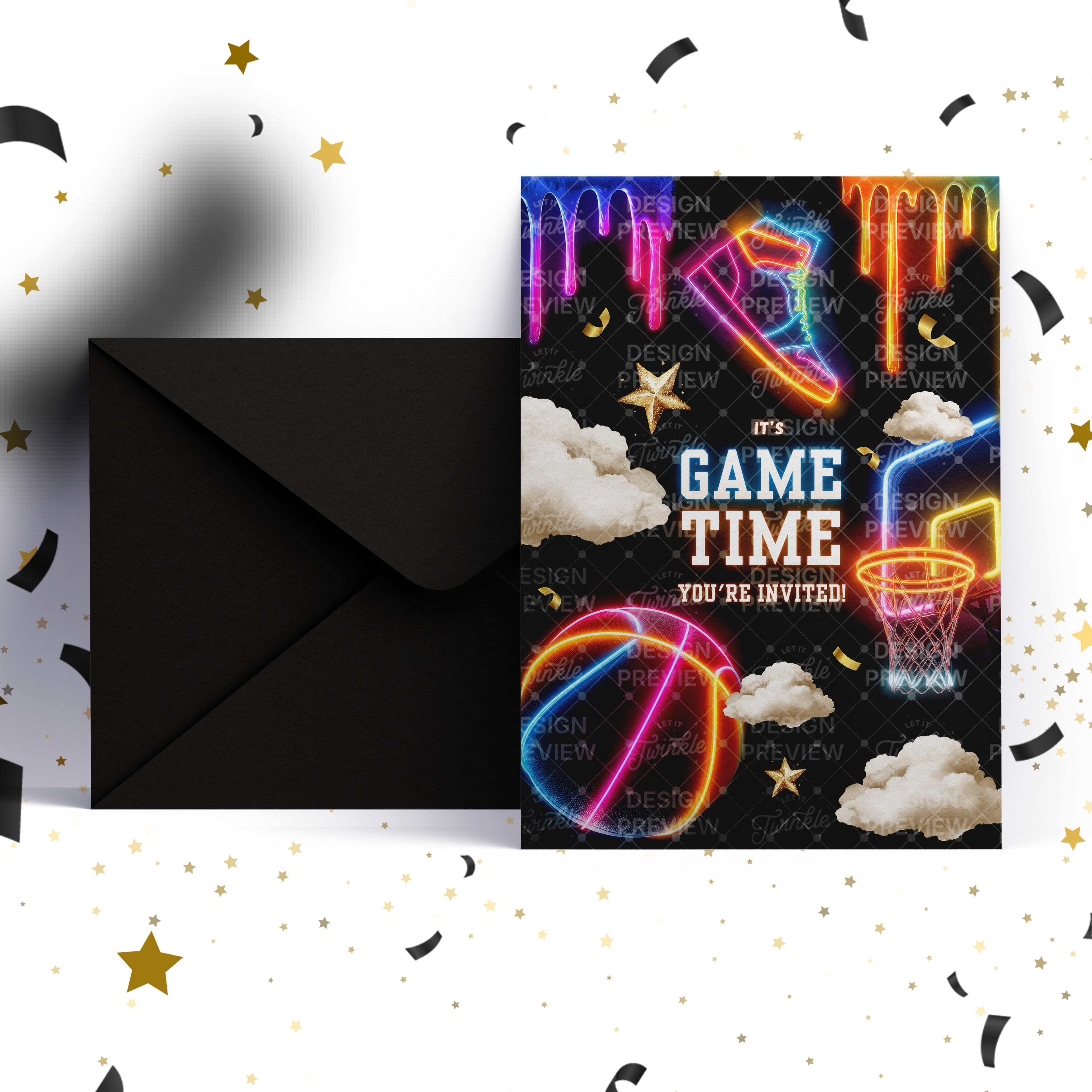 Basketball Birthday Invitation Template • Editable Canva Invitation • Neon & Black