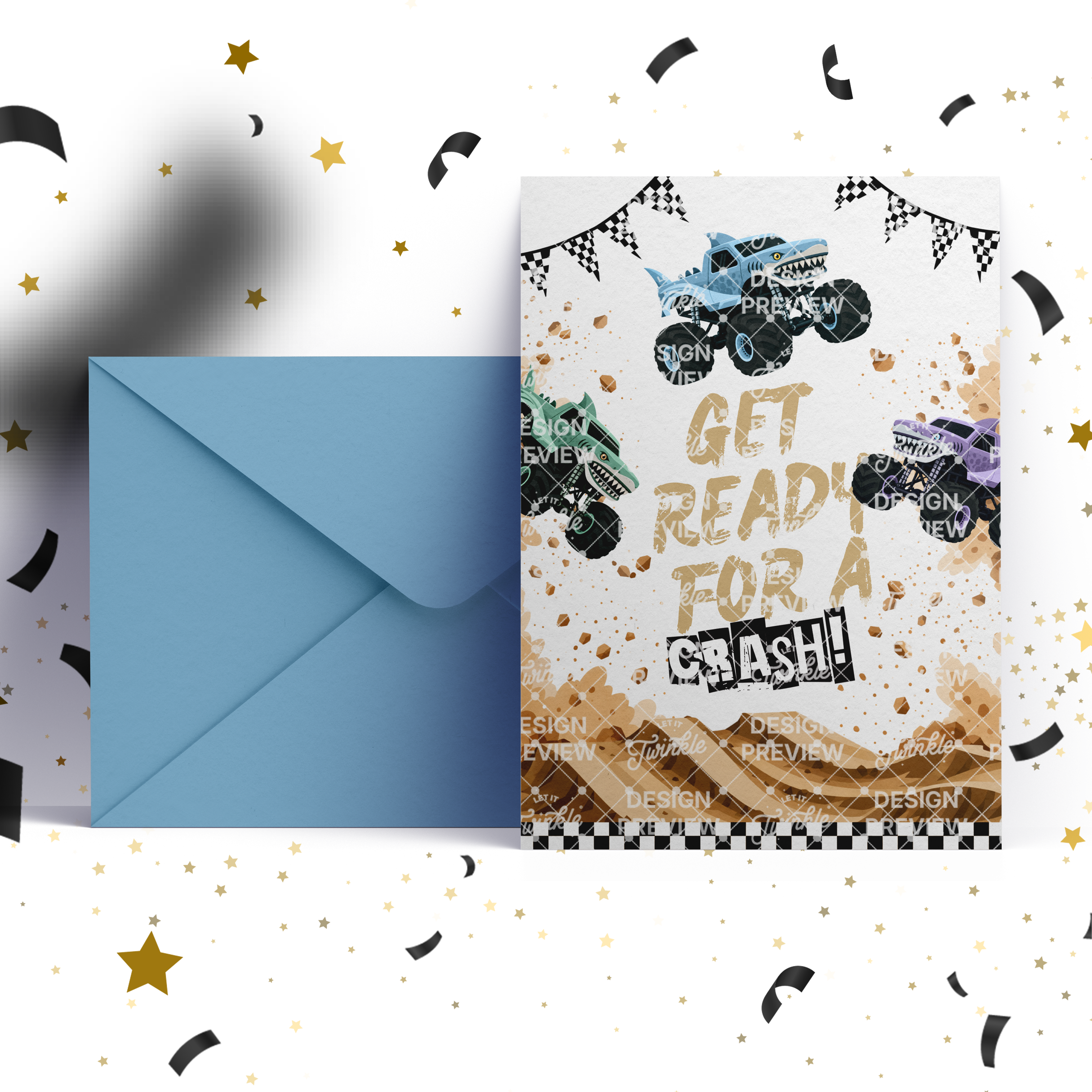 Monster Truck Bash Birthday Invitation Template • Editable Canva Invitation • Blue, Turquoise & Purple