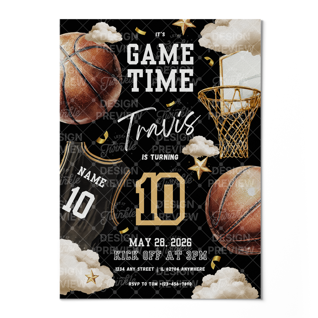 Basketball Birthday Invitation Template • Editable Canva Invitation • Black & Gold