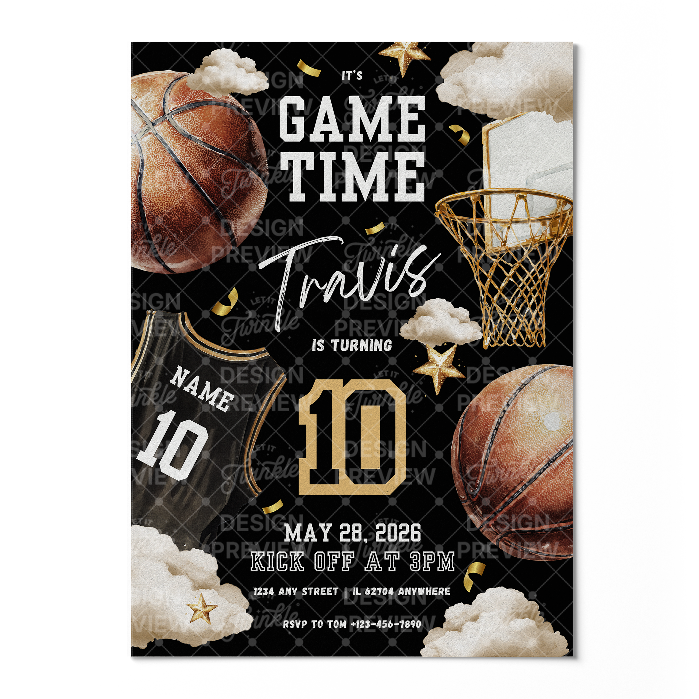Basketball Birthday Invitation Template • Editable Canva Invitation • Black & Gold