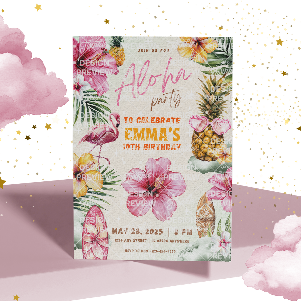 Aloha Birthday Invitation Template • Editable Canva Invitation • Yellow & Pink