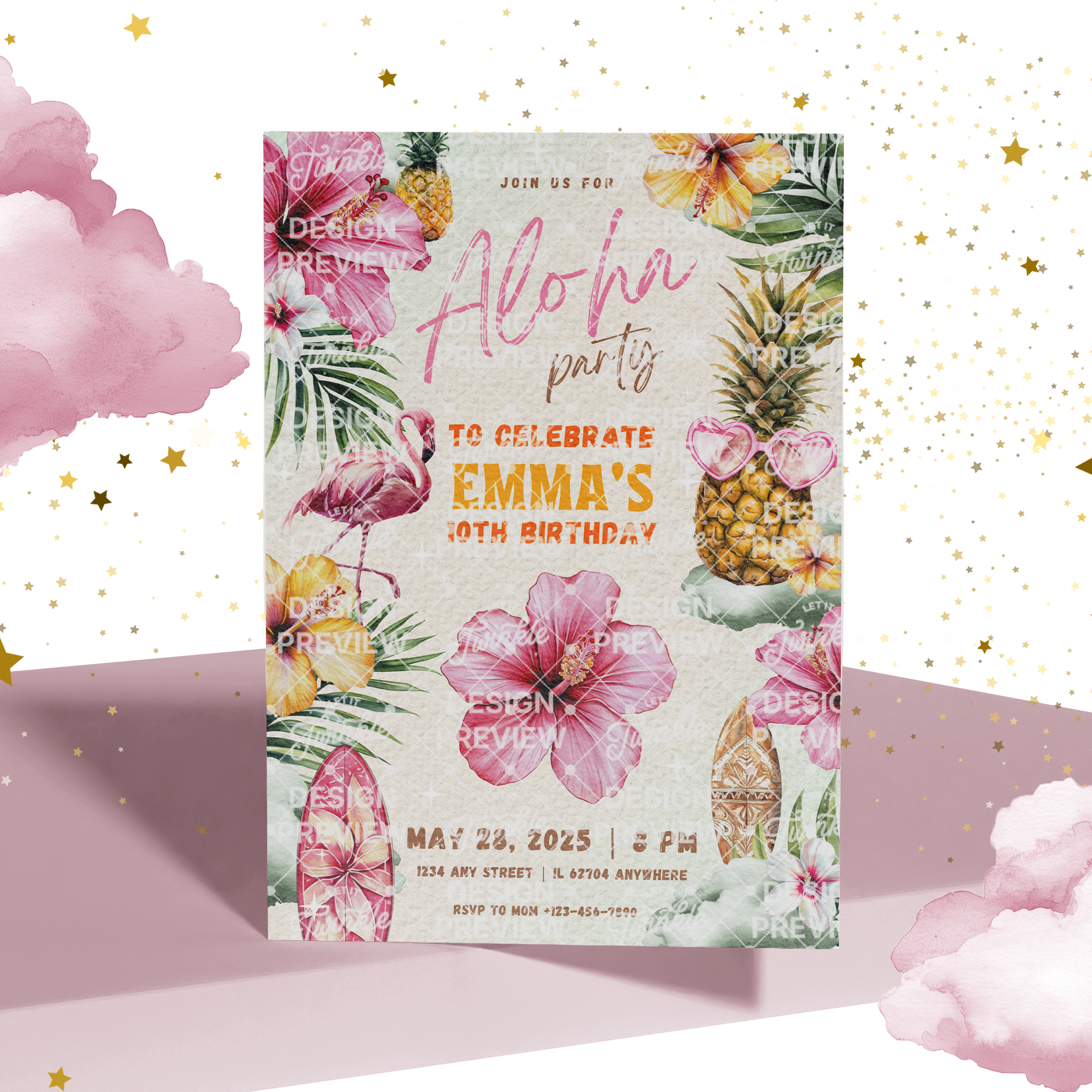 Aloha Birthday Invitation Template • Editable Canva Invitation • Yellow & Pink