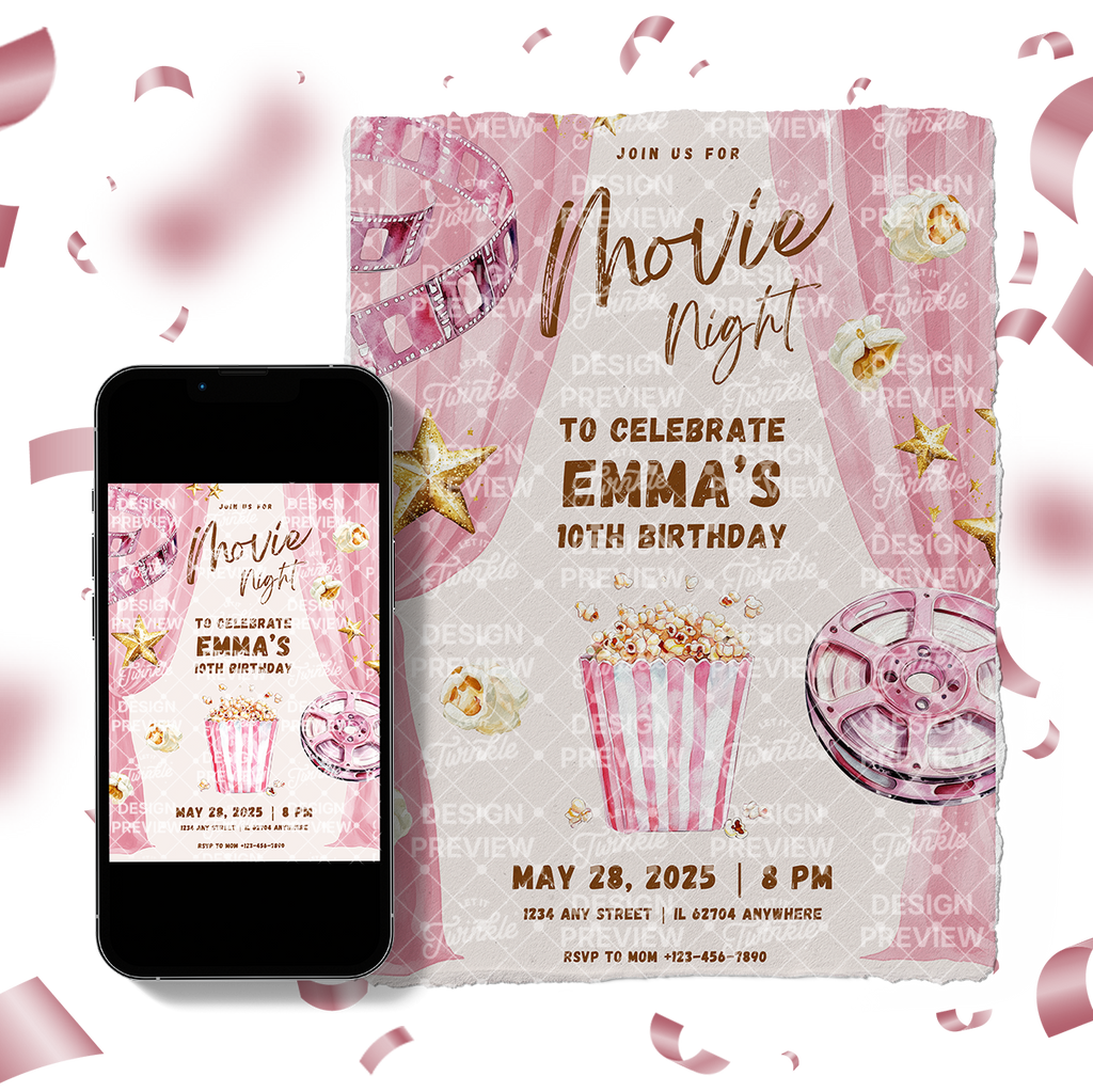 Movie Night Birthday Invitation Template • Editable Canva Invitation • Pink