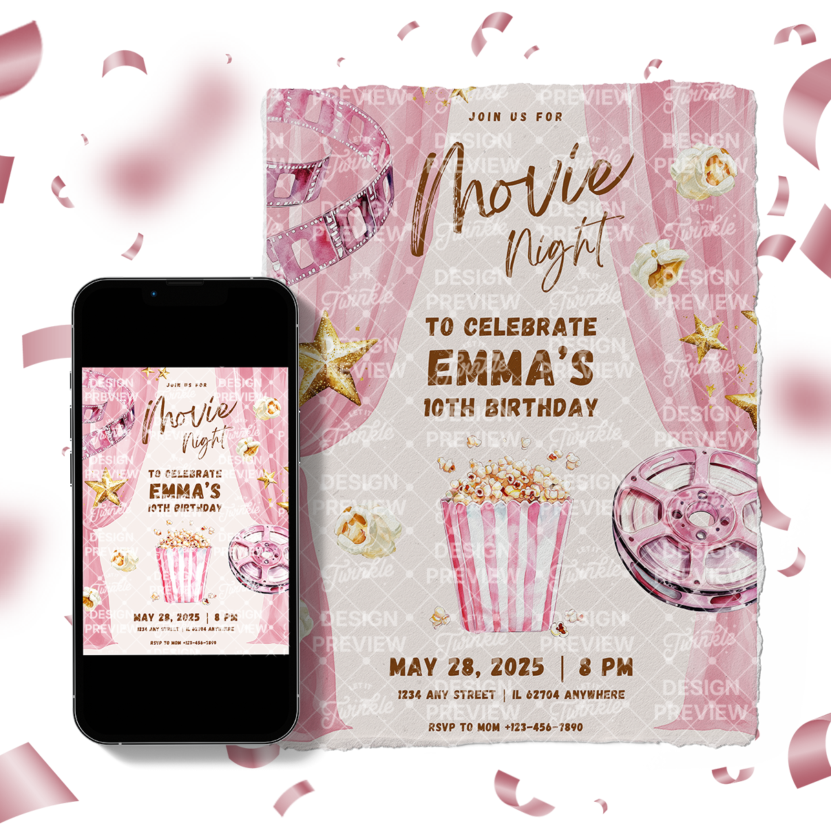 Movie Night Birthday Invitation Template • Editable Canva Invitation • Pink