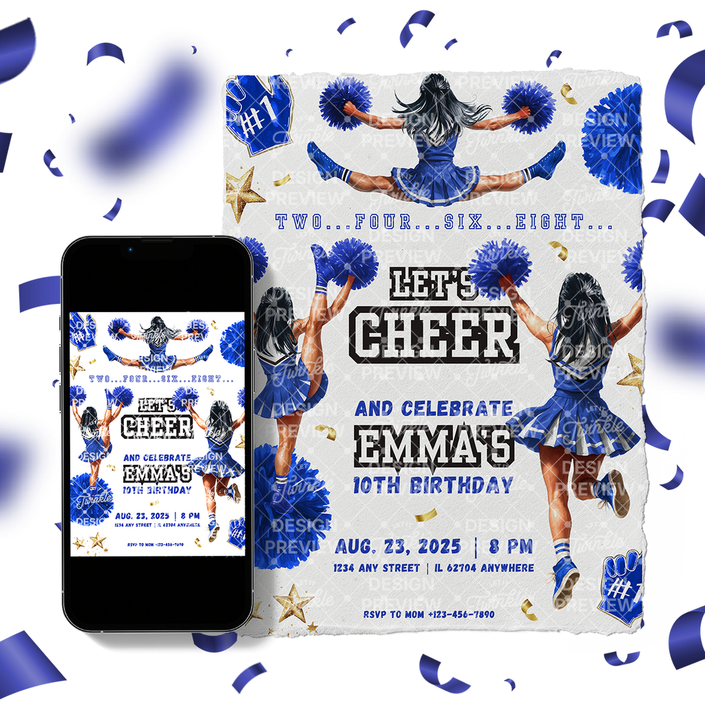 Let's Cheer Birthday Invitation Template • Editable Canva Invitation • Blue