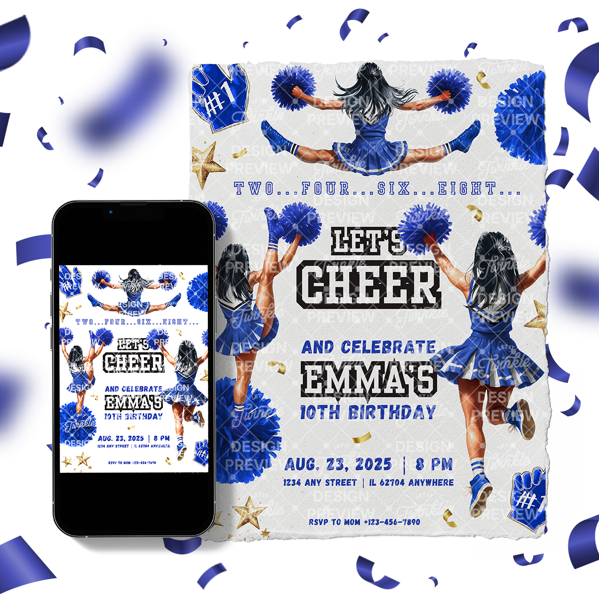 Let's Cheer Birthday Invitation Template • Editable Canva Invitation • Blue
