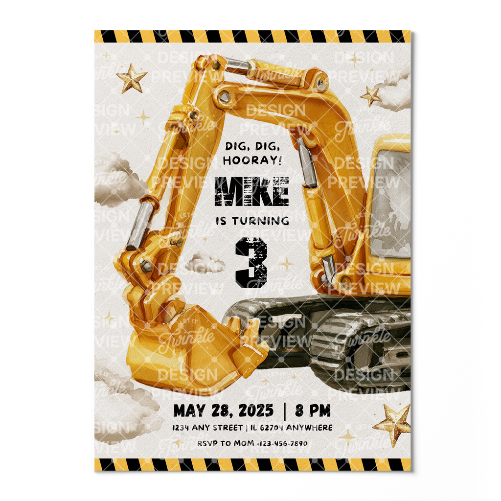 Digger Birthday Invitation Template • Editable Canva Invitation • Yellow, Beige & Gold