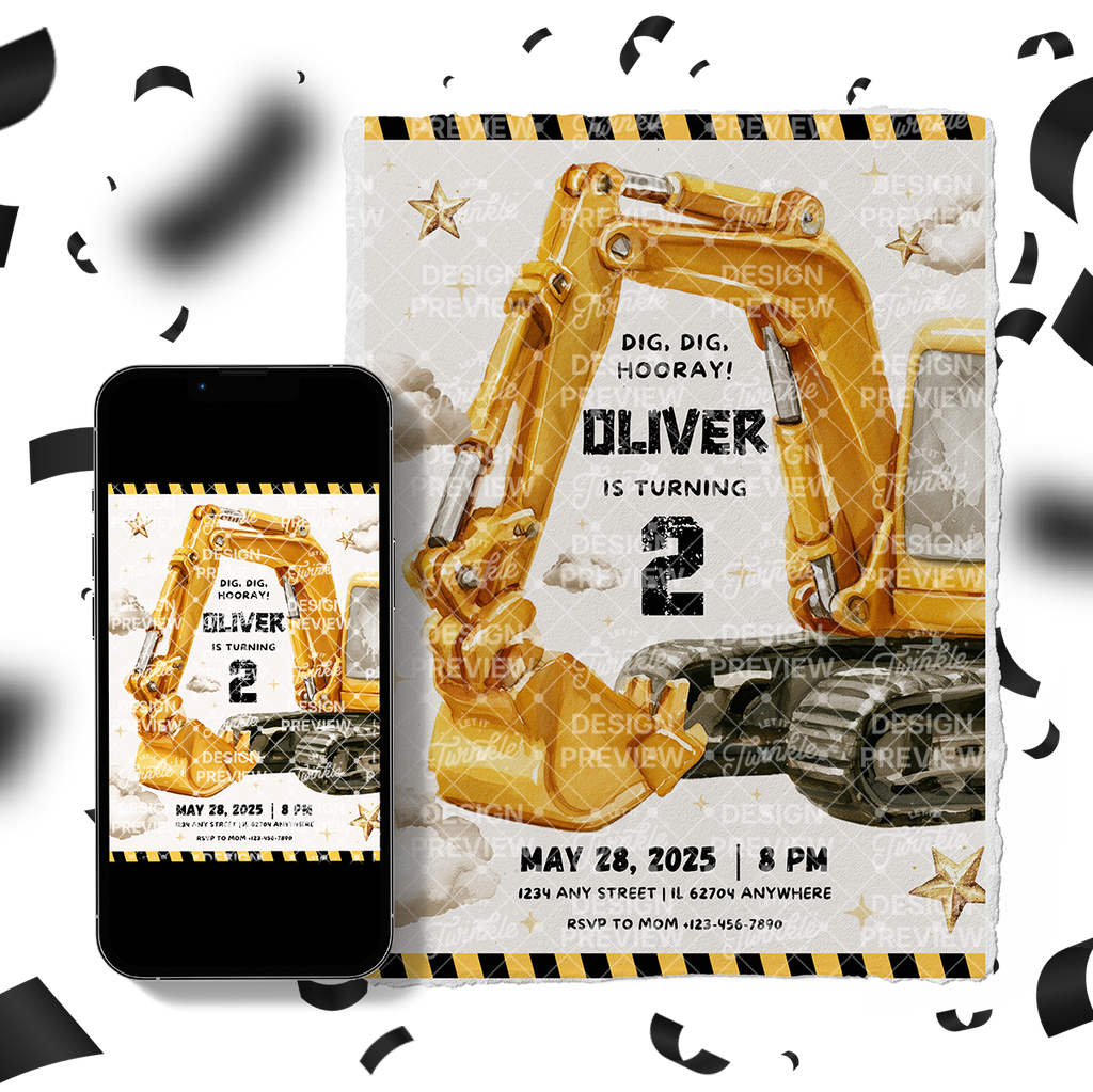 Digger Birthday Invitation Template • Editable Canva Invitation • Yellow, Beige & Gold