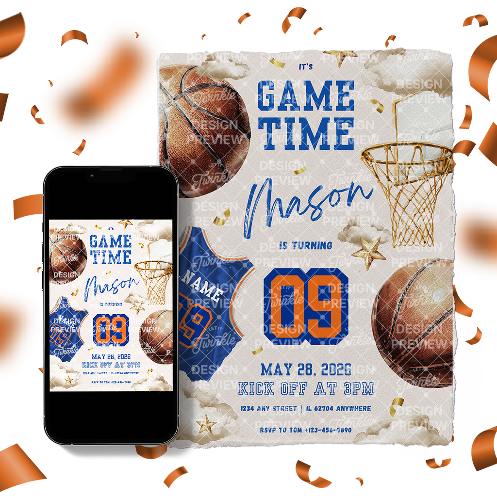 Basketball Geburtstagseinladung Blau & Gelb